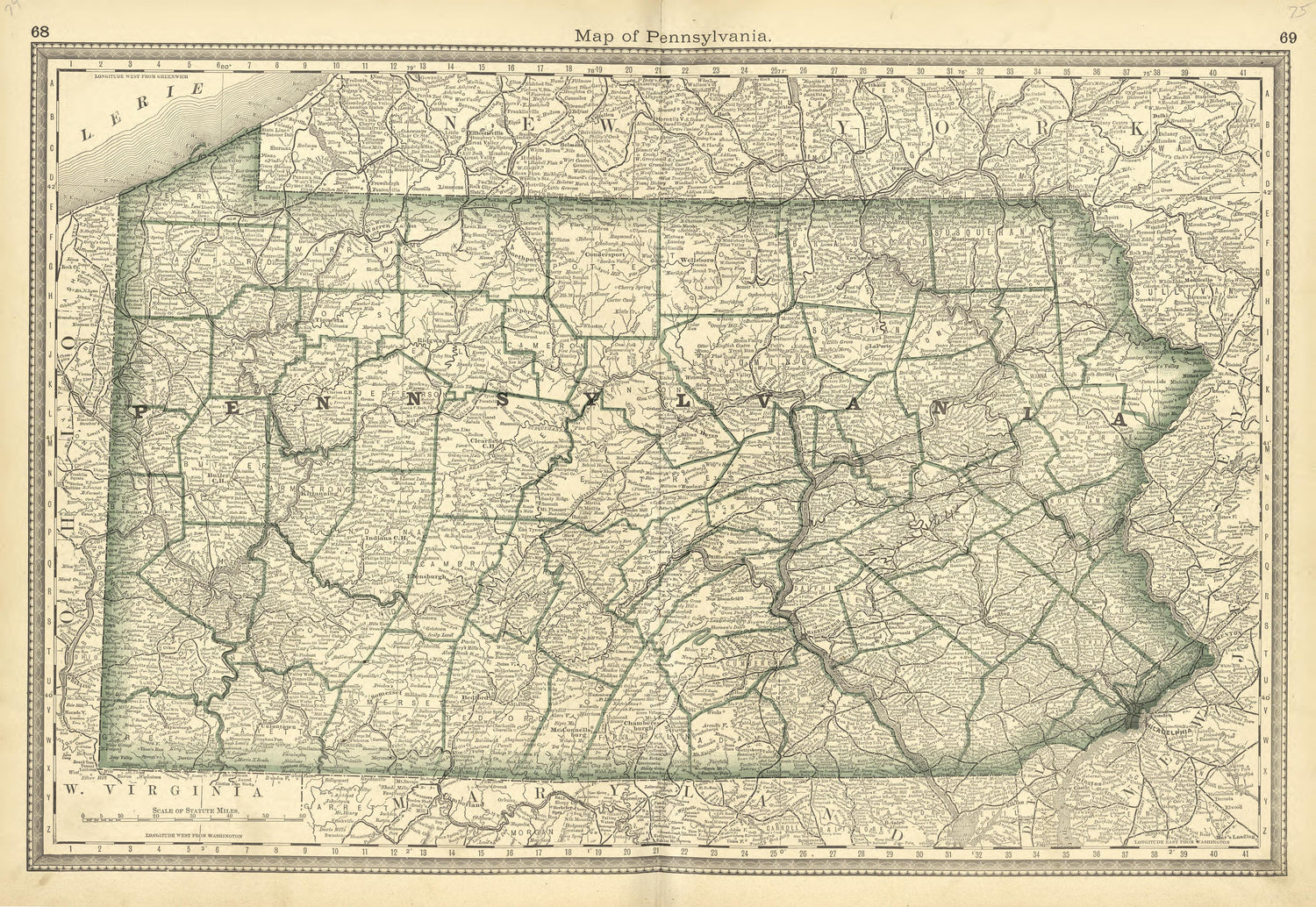 Map of Pennsylvania from Historical Hand-atlas, Illustrated, Containing Large Scale Copper Plate Maps of Each State and Territory of the United States, and the Provinces of Canada, Together With a Complete Reference Map of the World, … 1881 by Relic Map Company