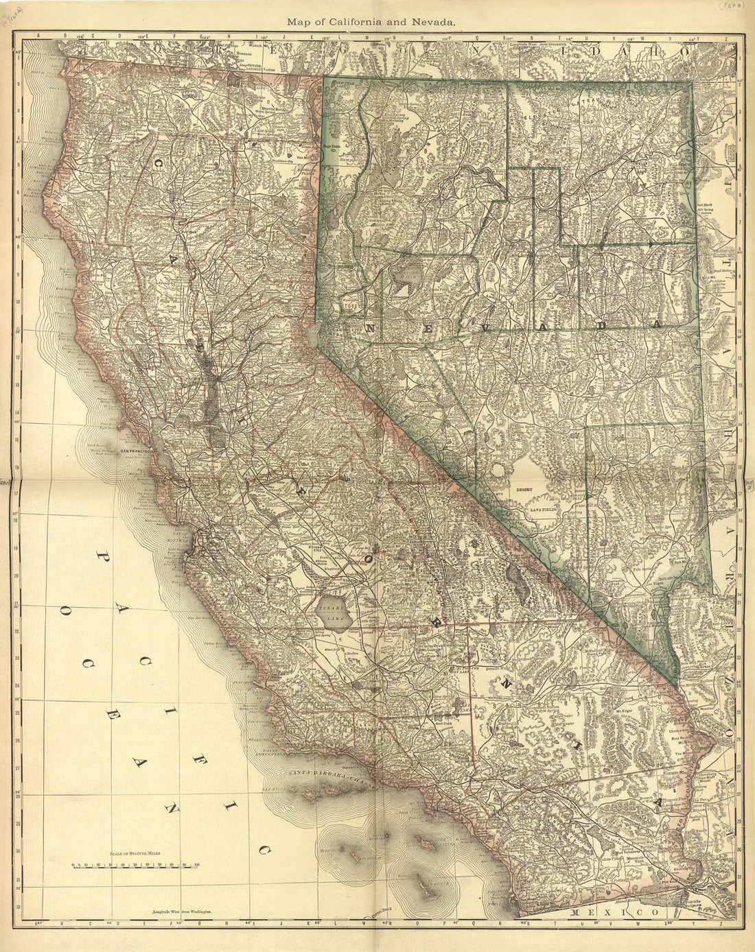 Map of California and Nevada from Historical Hand-atlas, Illustrated, Containing Large Scale Copper Plate Maps of Each State and Territory of the United States, and the Provinces of Canada, Together With a Complete Reference Map of the World, … 1881 by Relic Map Company