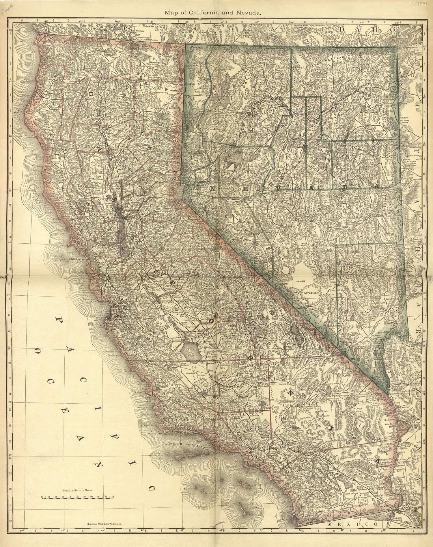 Map of California and Nevada from Historical Hand-atlas, Illustrated, Containing Large Scale Copper Plate Maps of Each State and Territory of the United States, and the Provinces of Canada, Together With a Complete Reference Map of the World, … 1881 by Relic Map Company