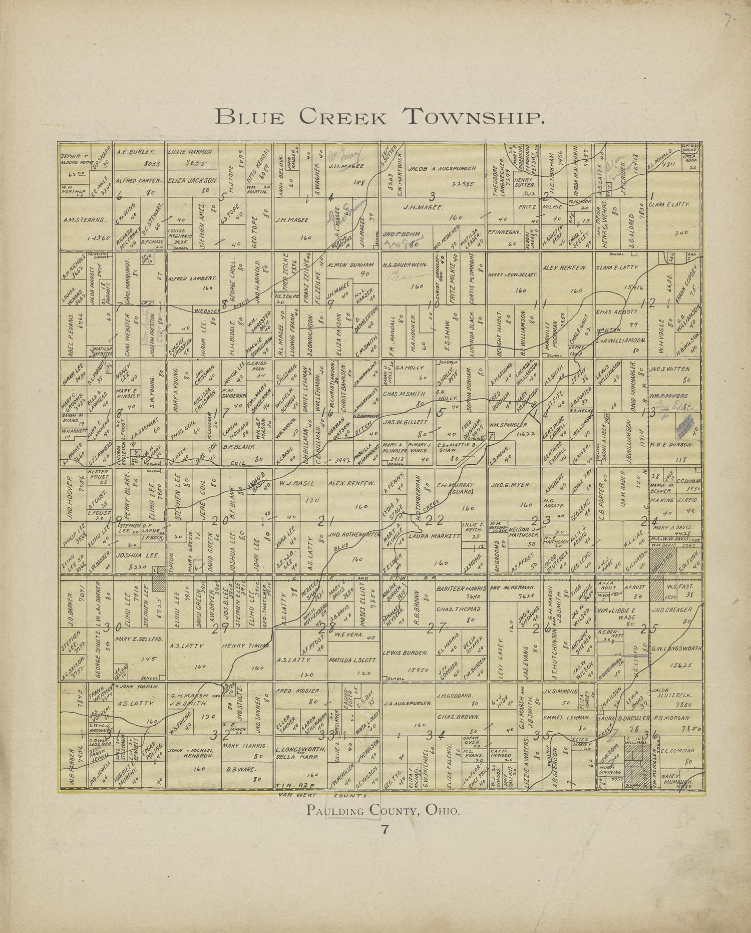 Blue Creek Township from Atlas and Directory of Paulding County, Ohio : Containing Maps of Paulding County, Townships, and Incorporated Villages, Also Maps of the United States and State of Ohio : Together With an Outline … 1905 by Relic Map Company