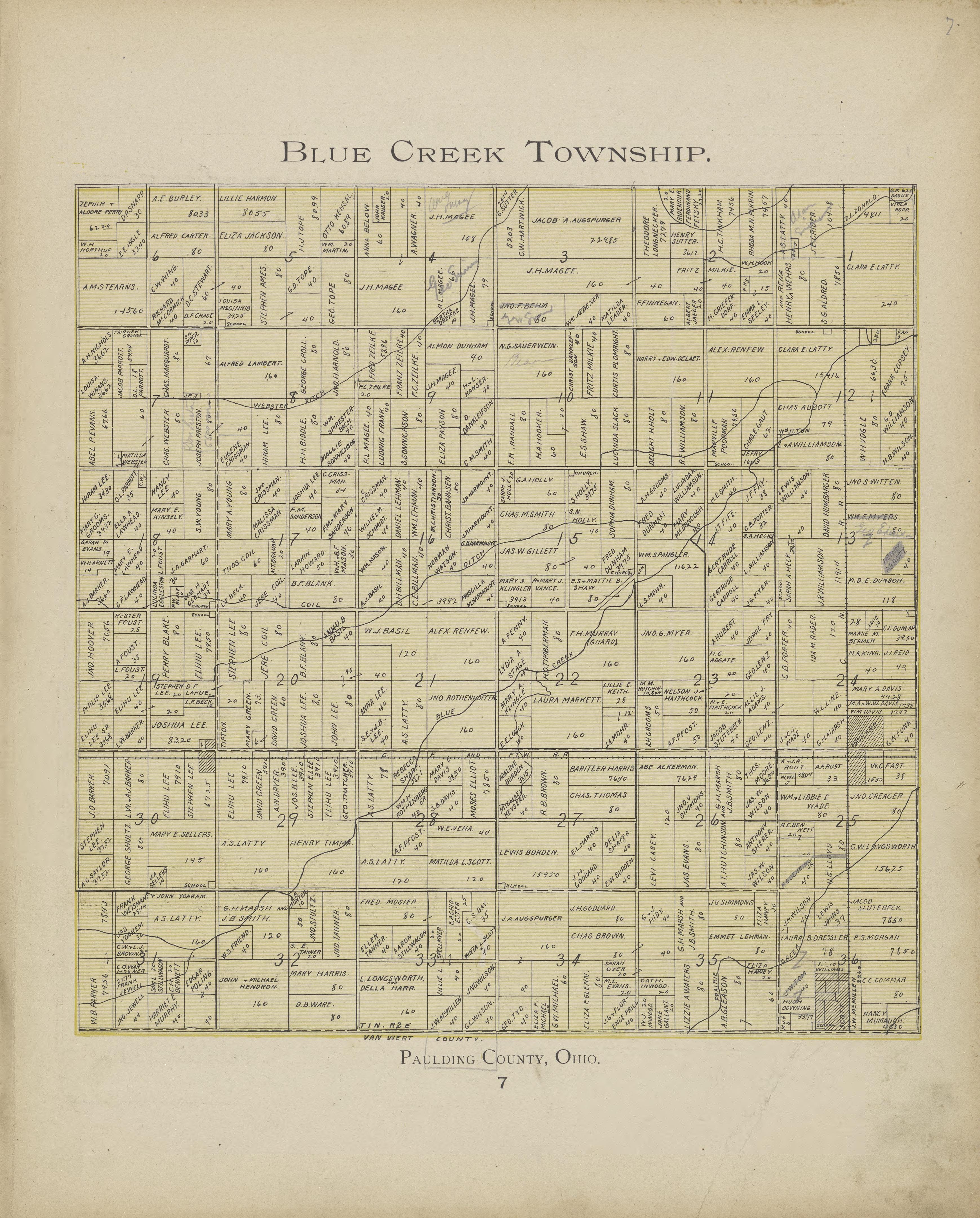 Blue Creek Township from Atlas and Directory of Paulding County, Ohio : Containing Maps of Paulding County, Townships, and Incorporated Villages, Also Maps of the United States and State of Ohio : Together With an Outline … 1905 by Relic Map Company