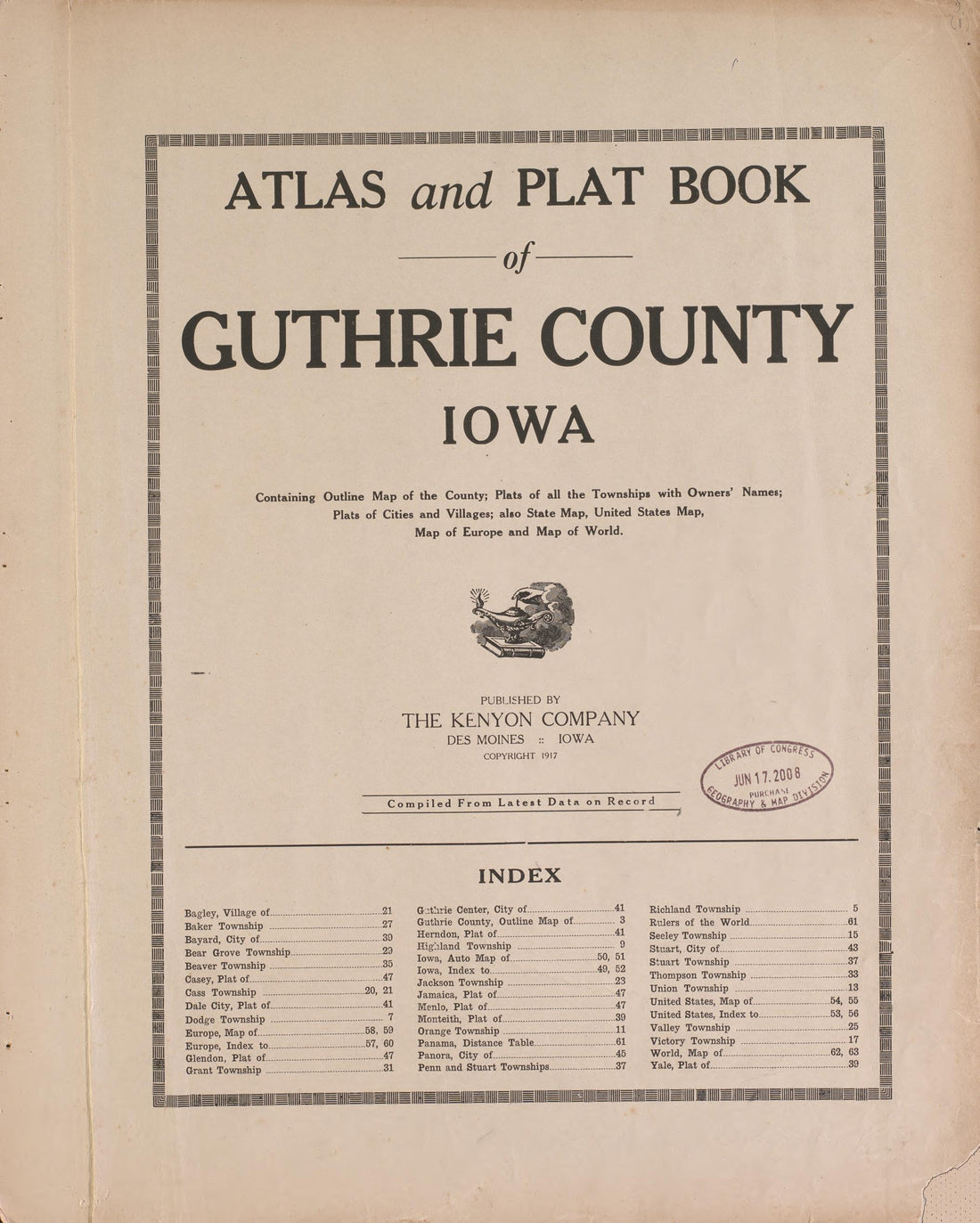 Title Sheet from Atlas and Plat Book of Guthrie County, Iowa : Containing Outline Map of the County, Plats of All the Townships With Owners&