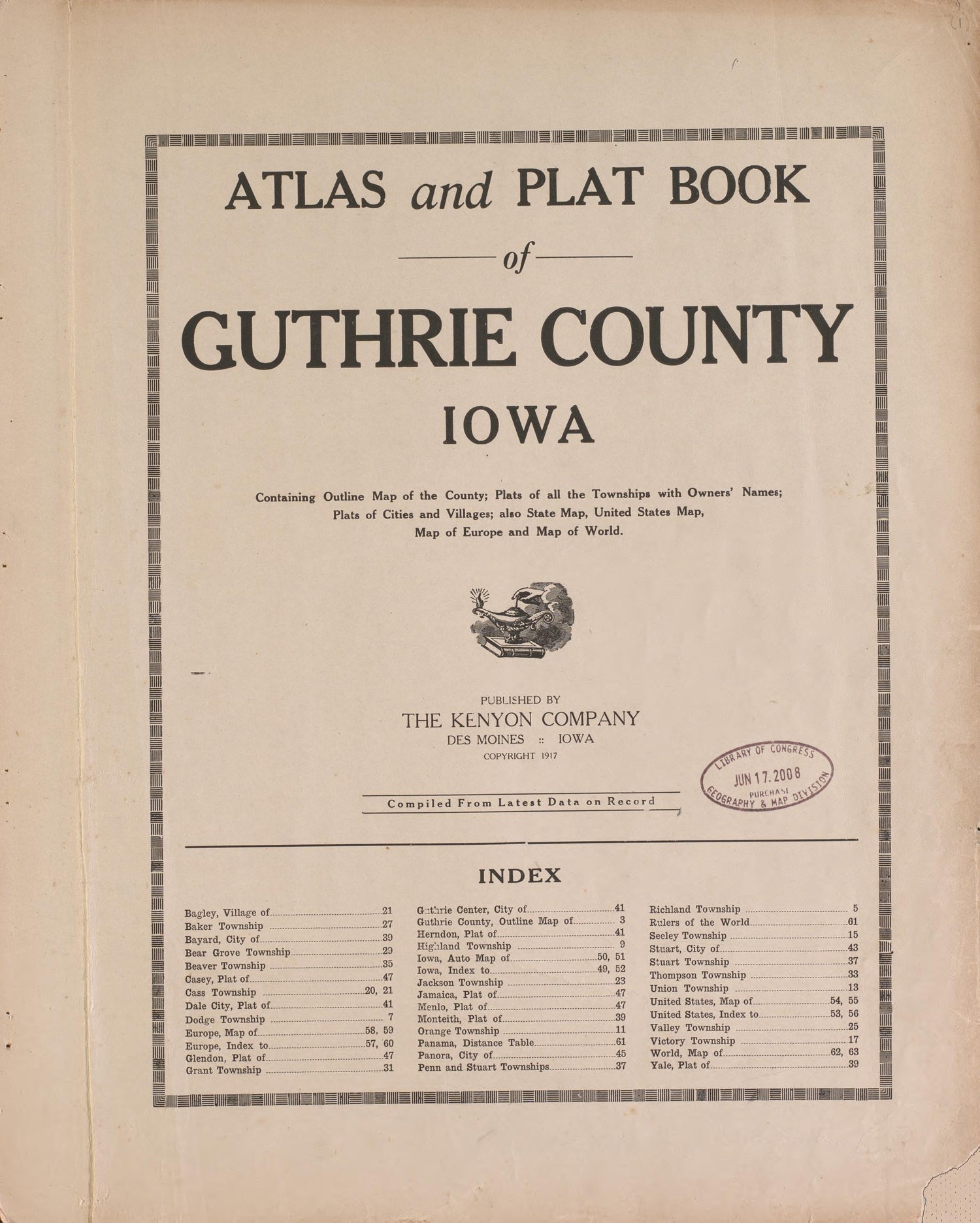 Title Sheet from Atlas and Plat Book of Guthrie County, Iowa : Containing Outline Map of the County, Plats of All the Townships With Owners&