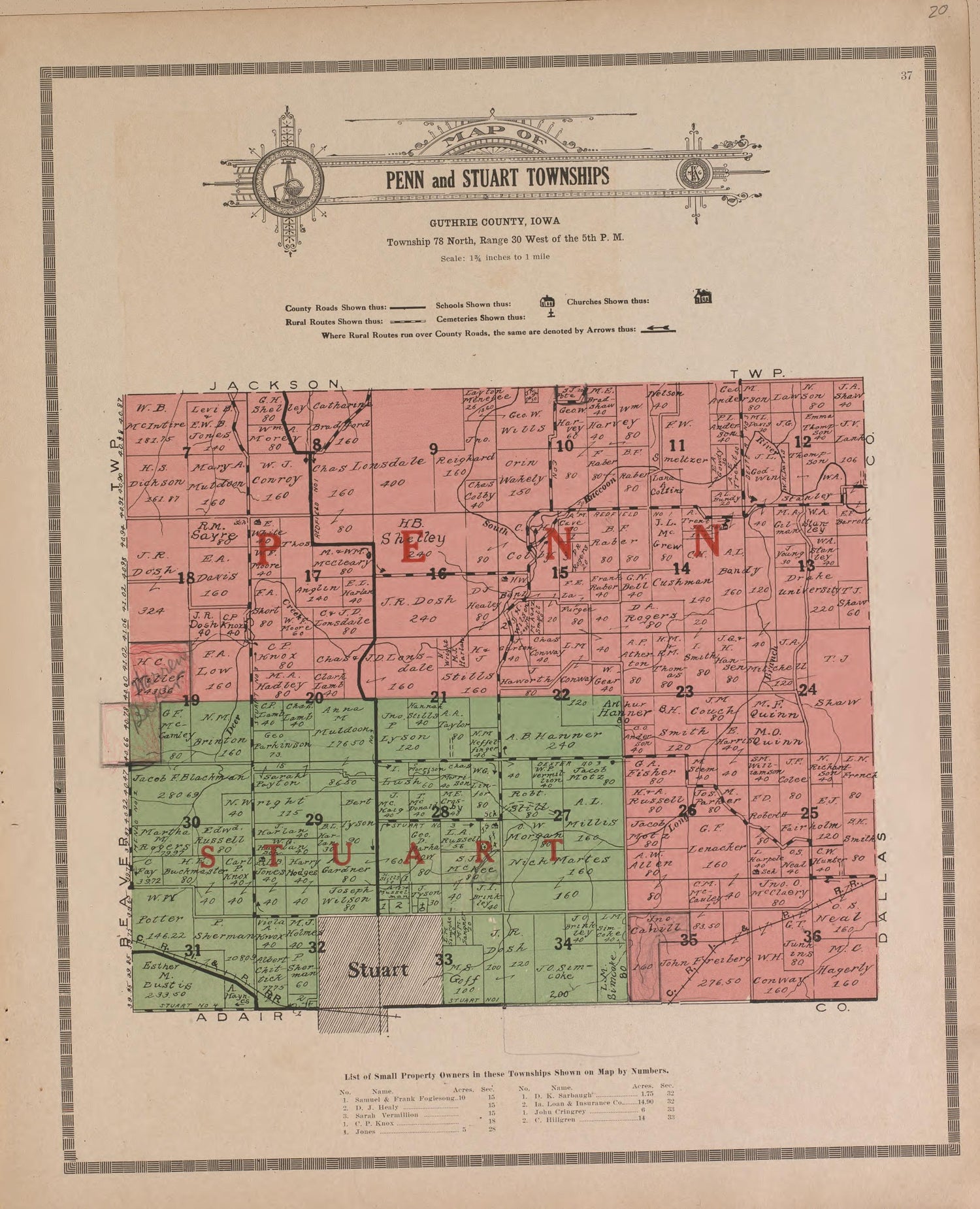 Penn and Stuart Townships from Atlas and Plat Book of Guthrie County, Iowa : Containing Outline Map of the County, Plats of All the Townships With Owners&