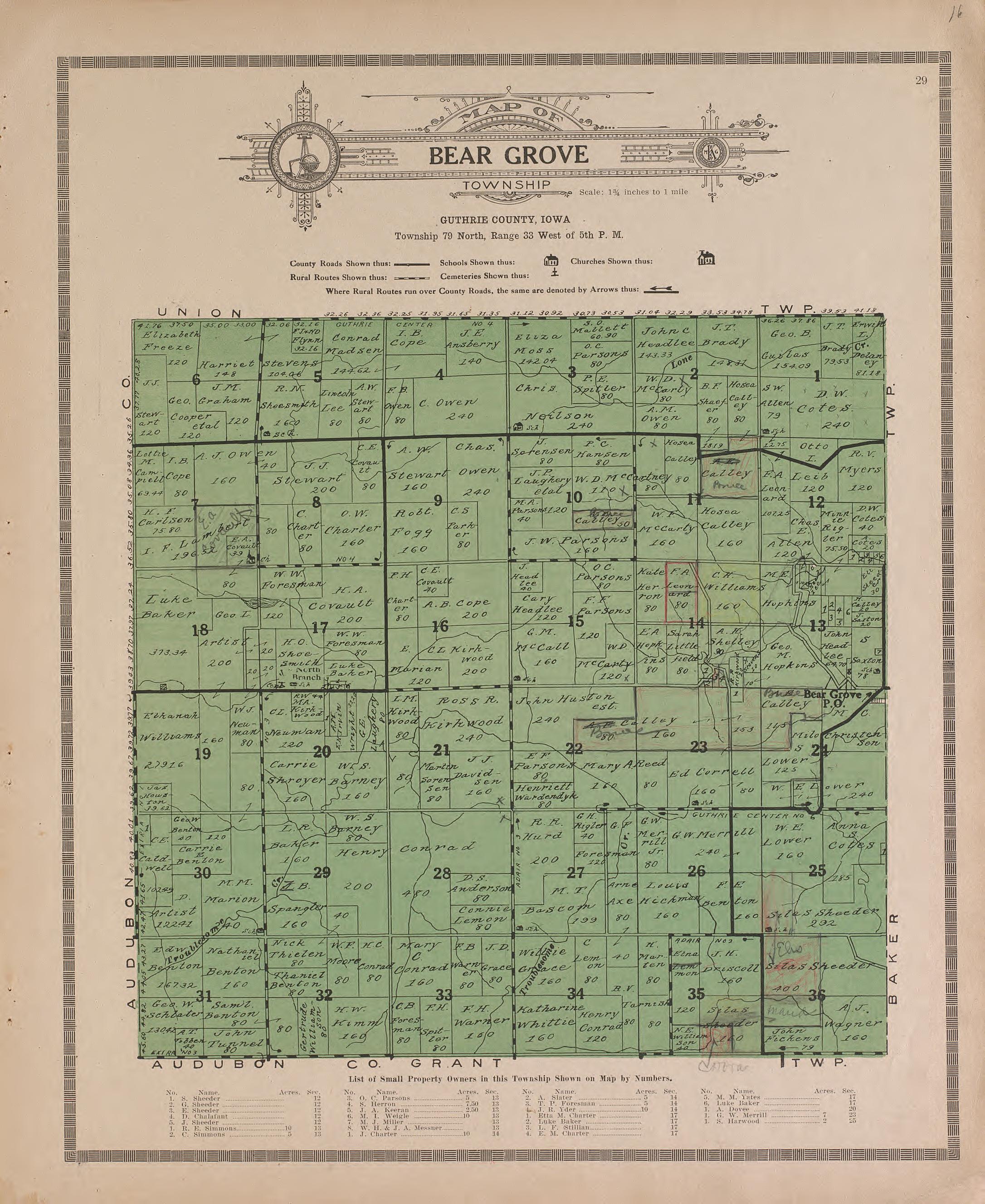 Bear Grove from Atlas and Plat Book of Guthrie County, Iowa : Containing Outline Map of the County, Plats of All the Townships With Owners&
