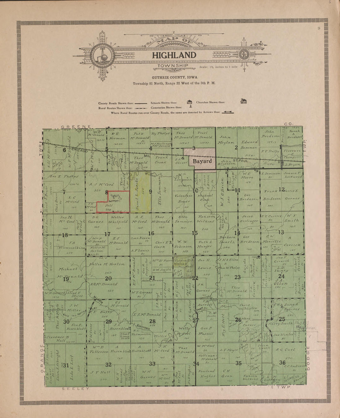 Highland from Atlas and Plat Book of Guthrie County, Iowa : Containing Outline Map of the County, Plats of All the Townships With Owners&