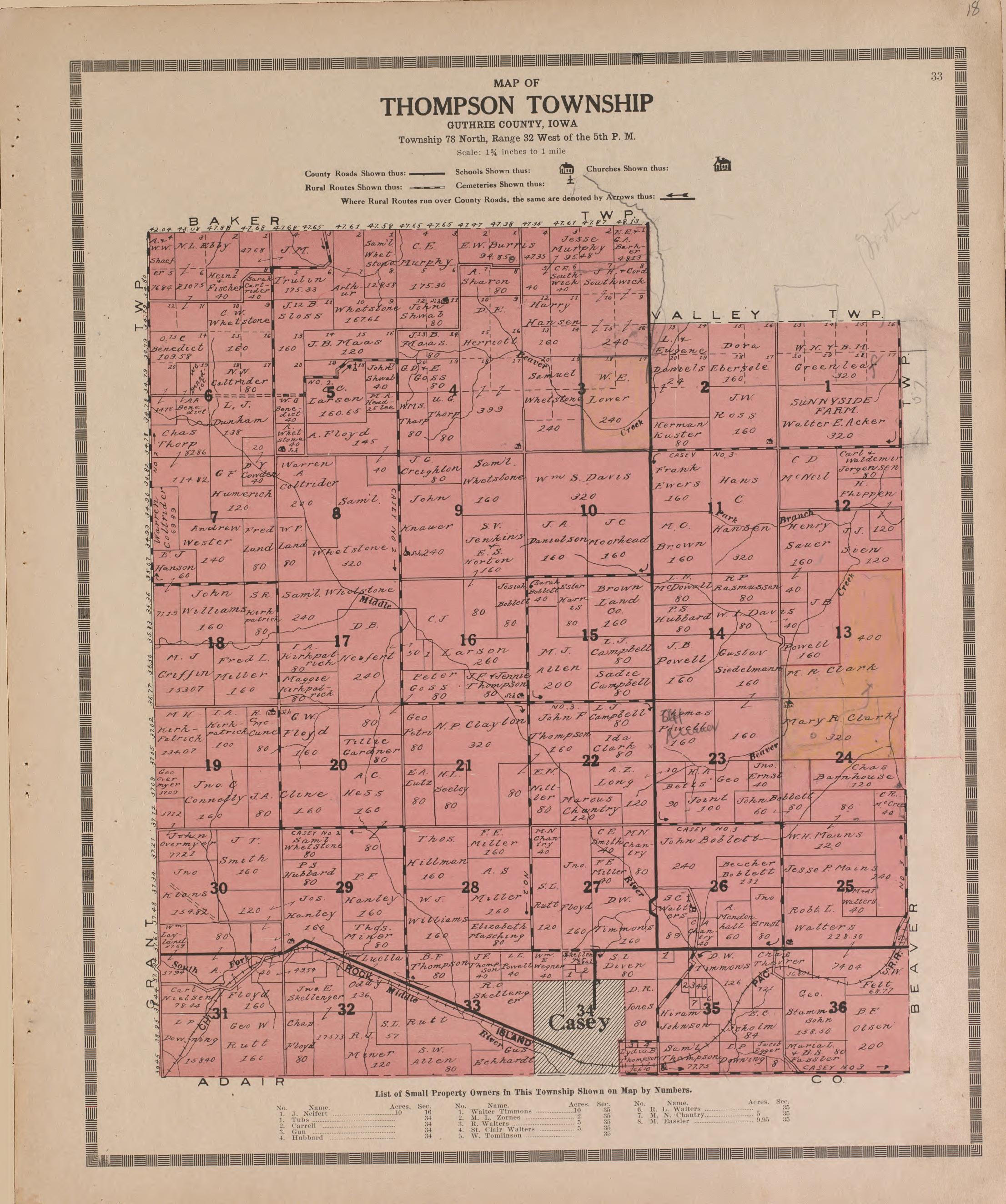 Thompson Township from Atlas and Plat Book of Guthrie County, Iowa : Containing Outline Map of the County, Plats of All the Townships With Owners&