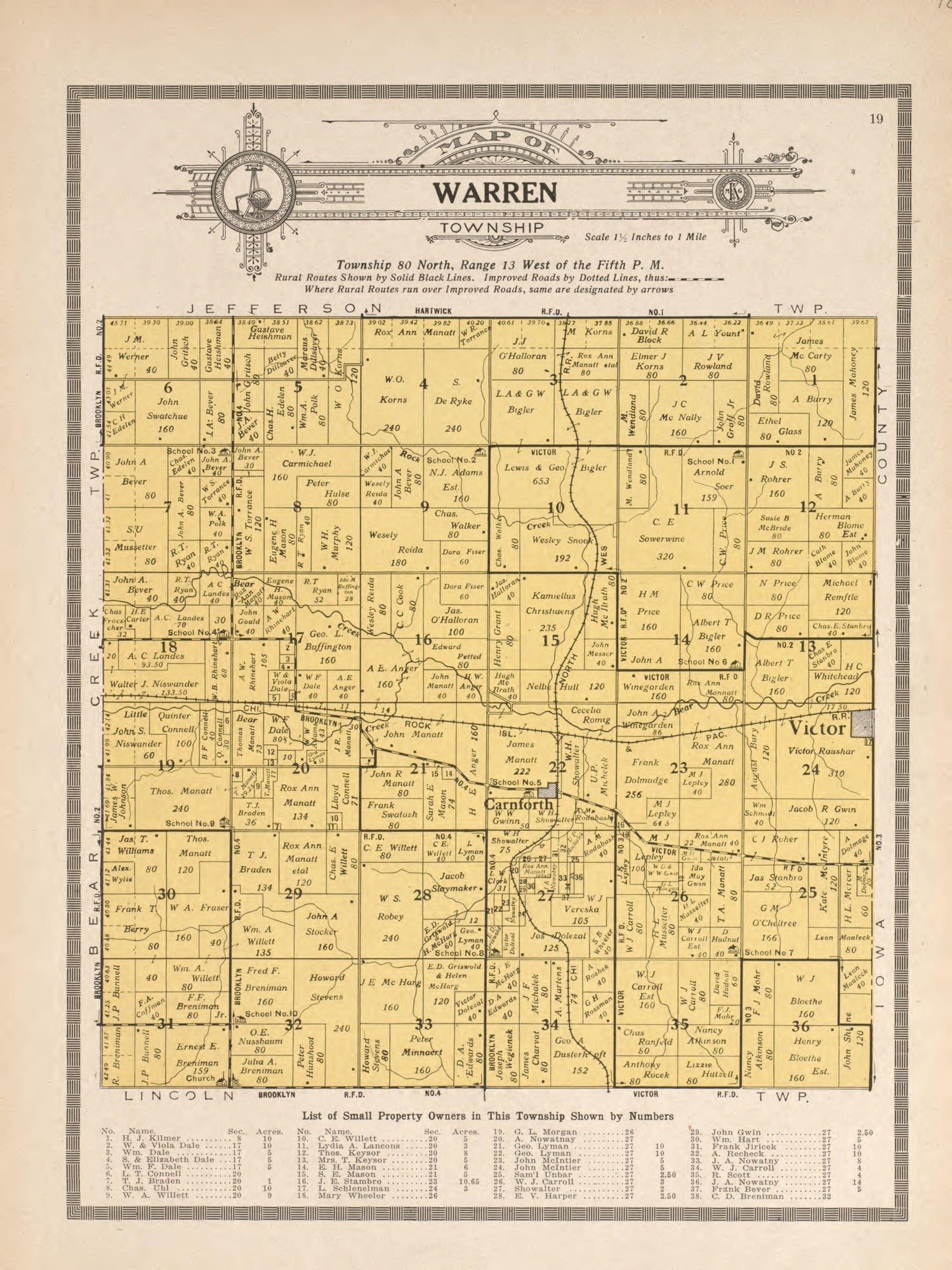 Warren Township from Atlas and Plat Book of Poweshiek County, Iowa : Containing Outline Map of the County, Plats of All the Townships With Owners&