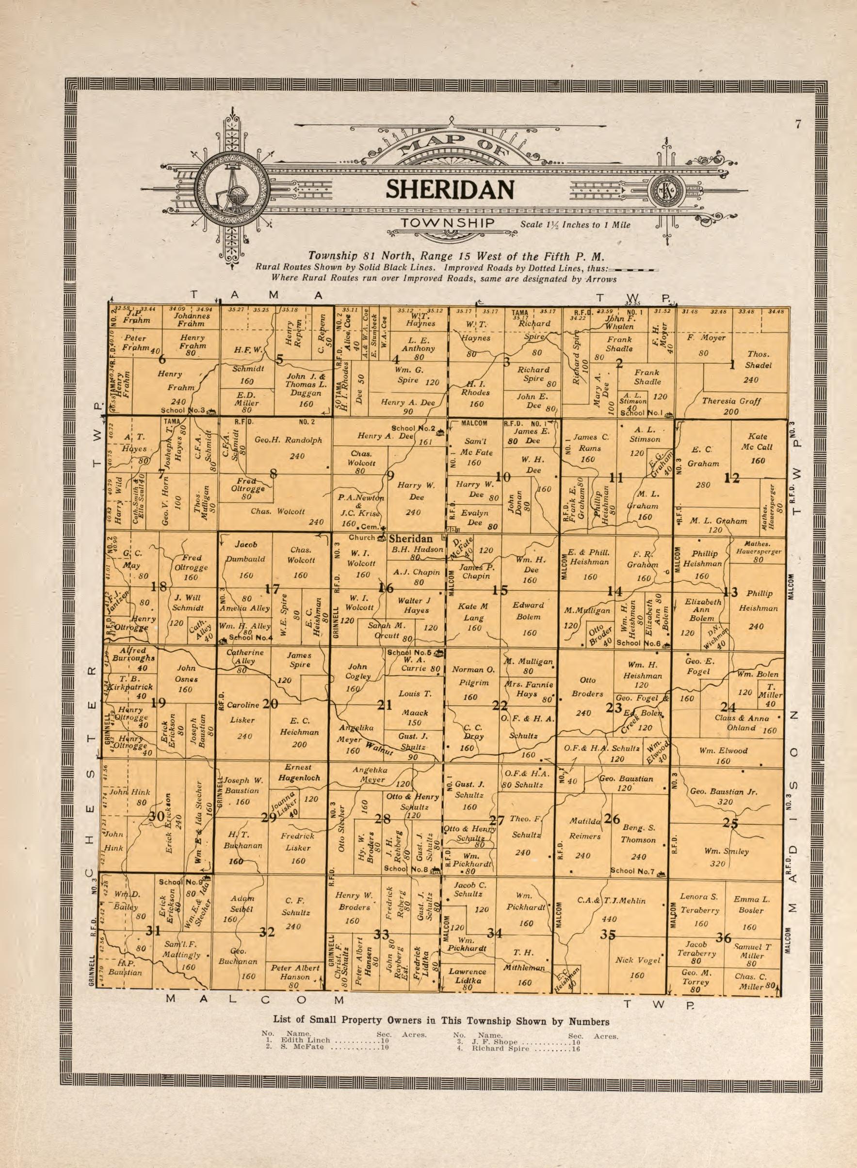 Sheridan Township from Atlas and Plat Book of Poweshiek County, Iowa : Containing Outline Map of the County, Plats of All the Townships With Owners&