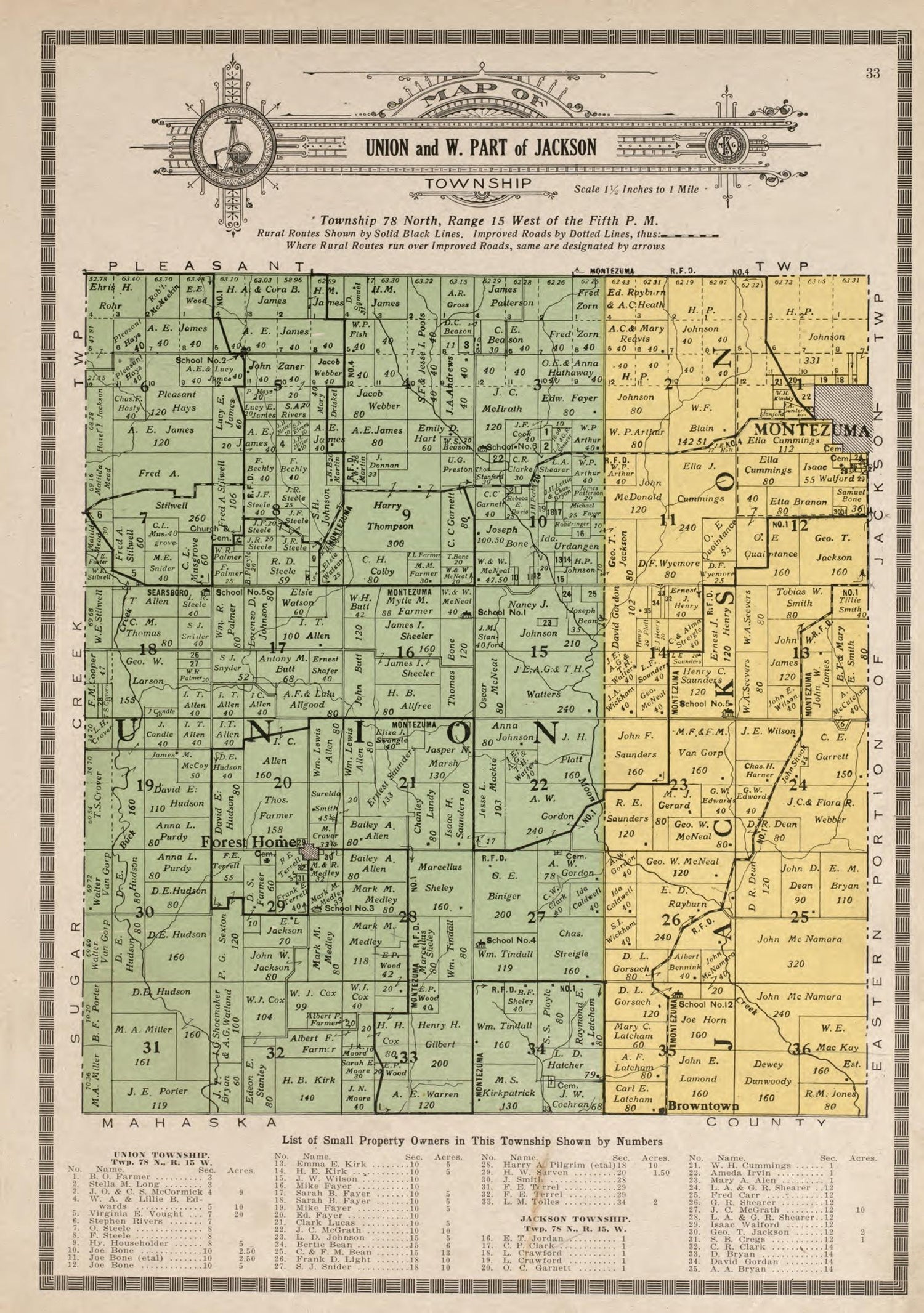 Union and West Part of Jackson from Atlas and Plat Book of Poweshiek County, Iowa : Containing Outline Map of the County, Plats of All the Townships With Owners&