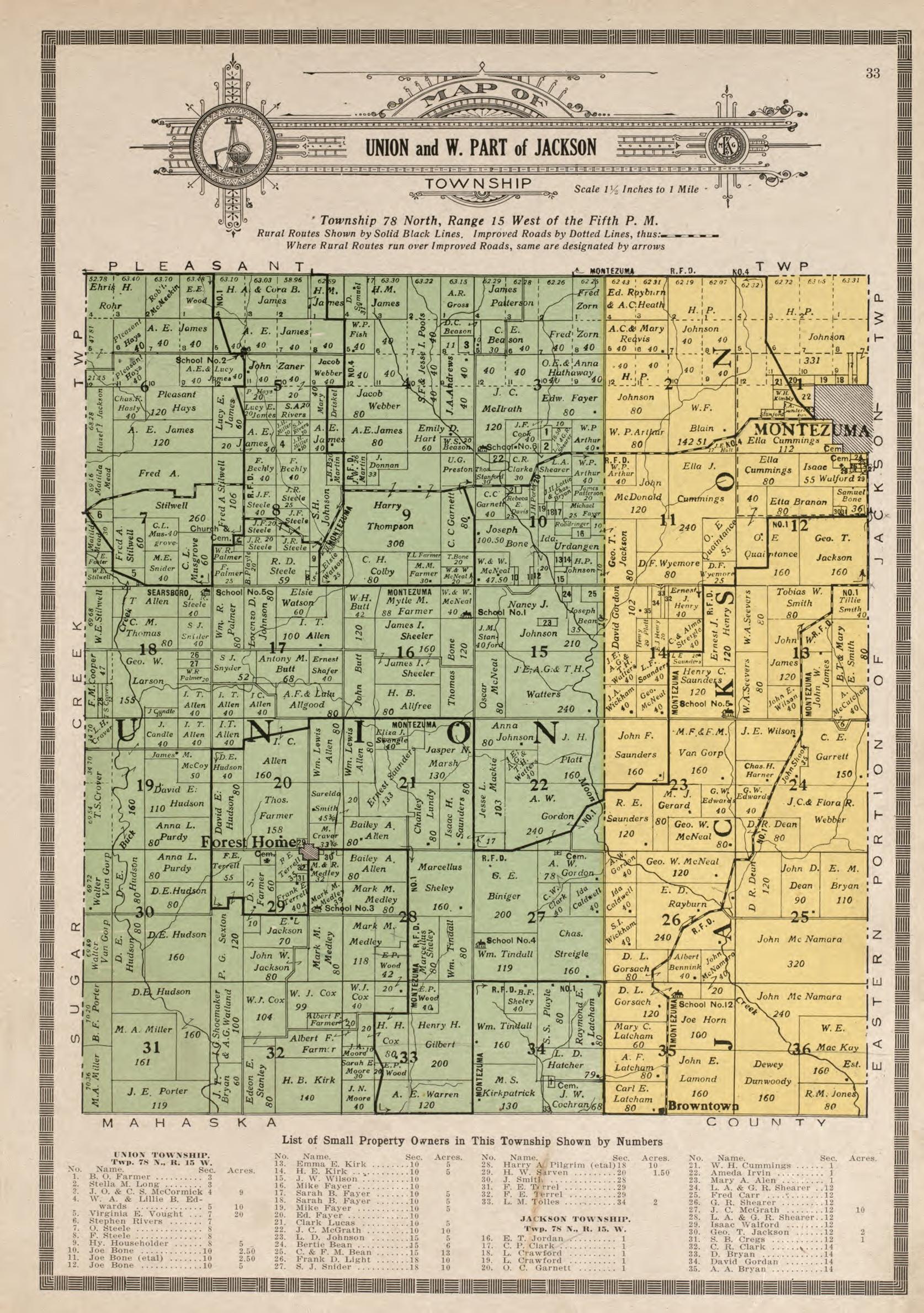 Union and West Part of Jackson from Atlas and Plat Book of Poweshiek County, Iowa : Containing Outline Map of the County, Plats of All the Townships With Owners&