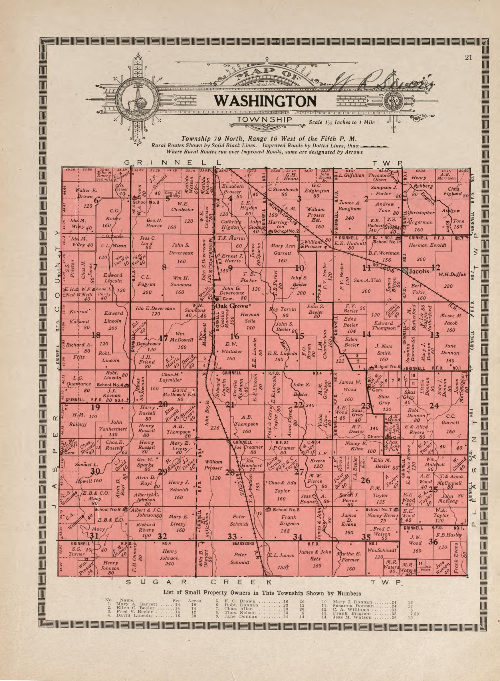 Washington Township from Atlas and Plat Book of Poweshiek County, Iowa : Containing Outline Map of the County, Plats of All the Townships With Owners&