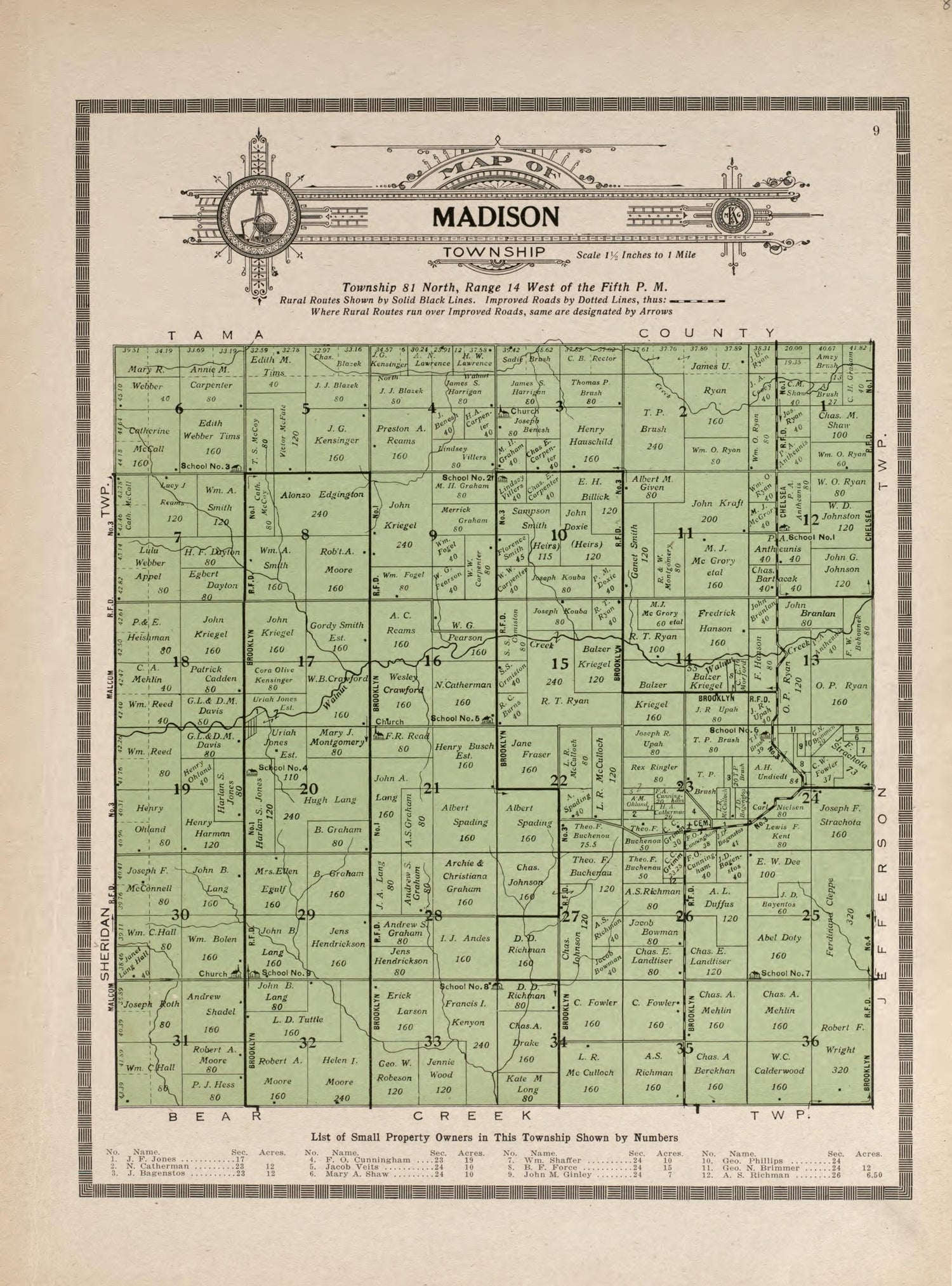 Madison Township from Atlas and Plat Book of Poweshiek County, Iowa : Containing Outline Map of the County, Plats of All the Townships With Owners&