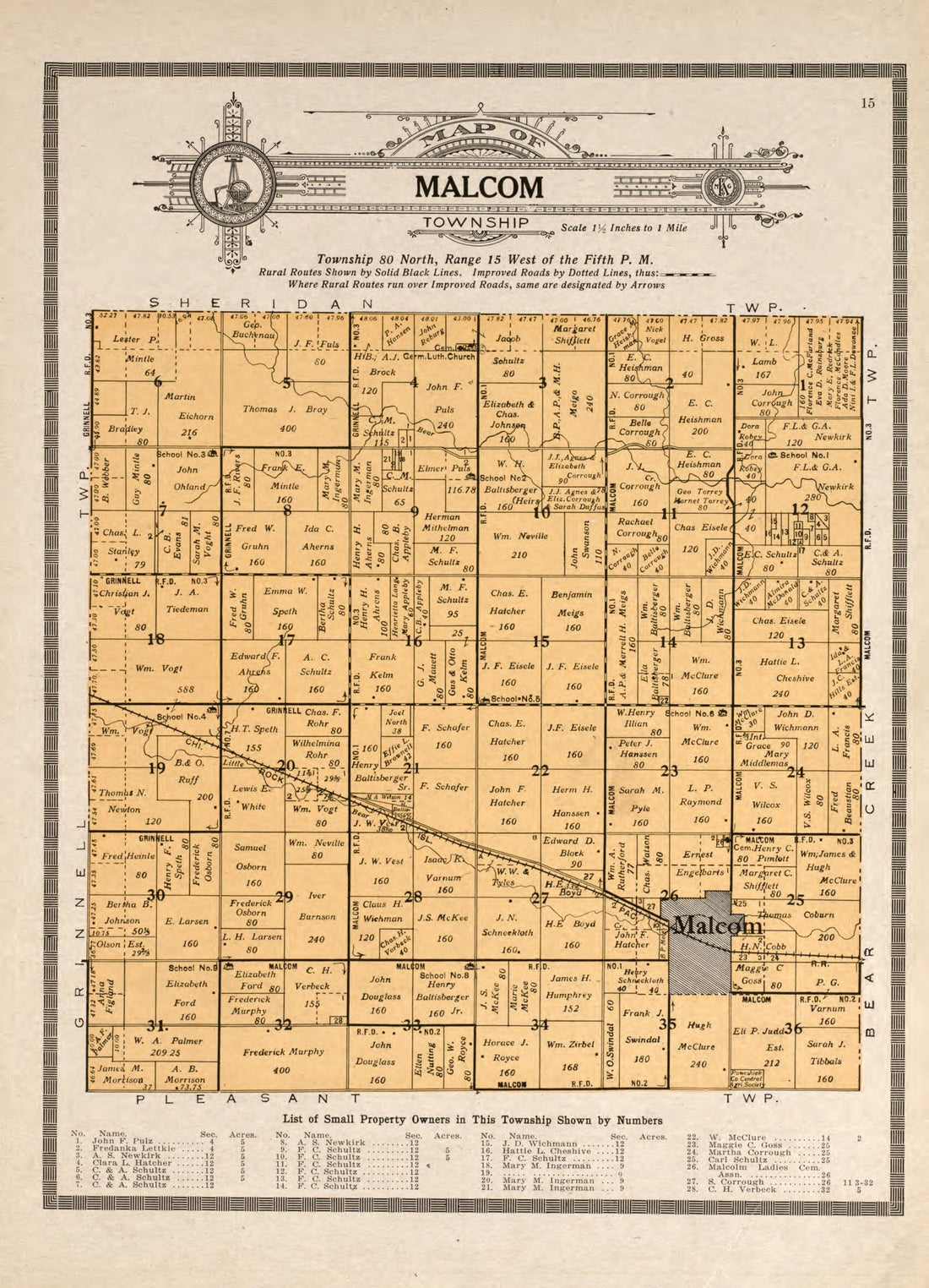 Malcom Township from Atlas and Plat Book of Poweshiek County, Iowa : Containing Outline Map of the County, Plats of All the Townships With Owners&