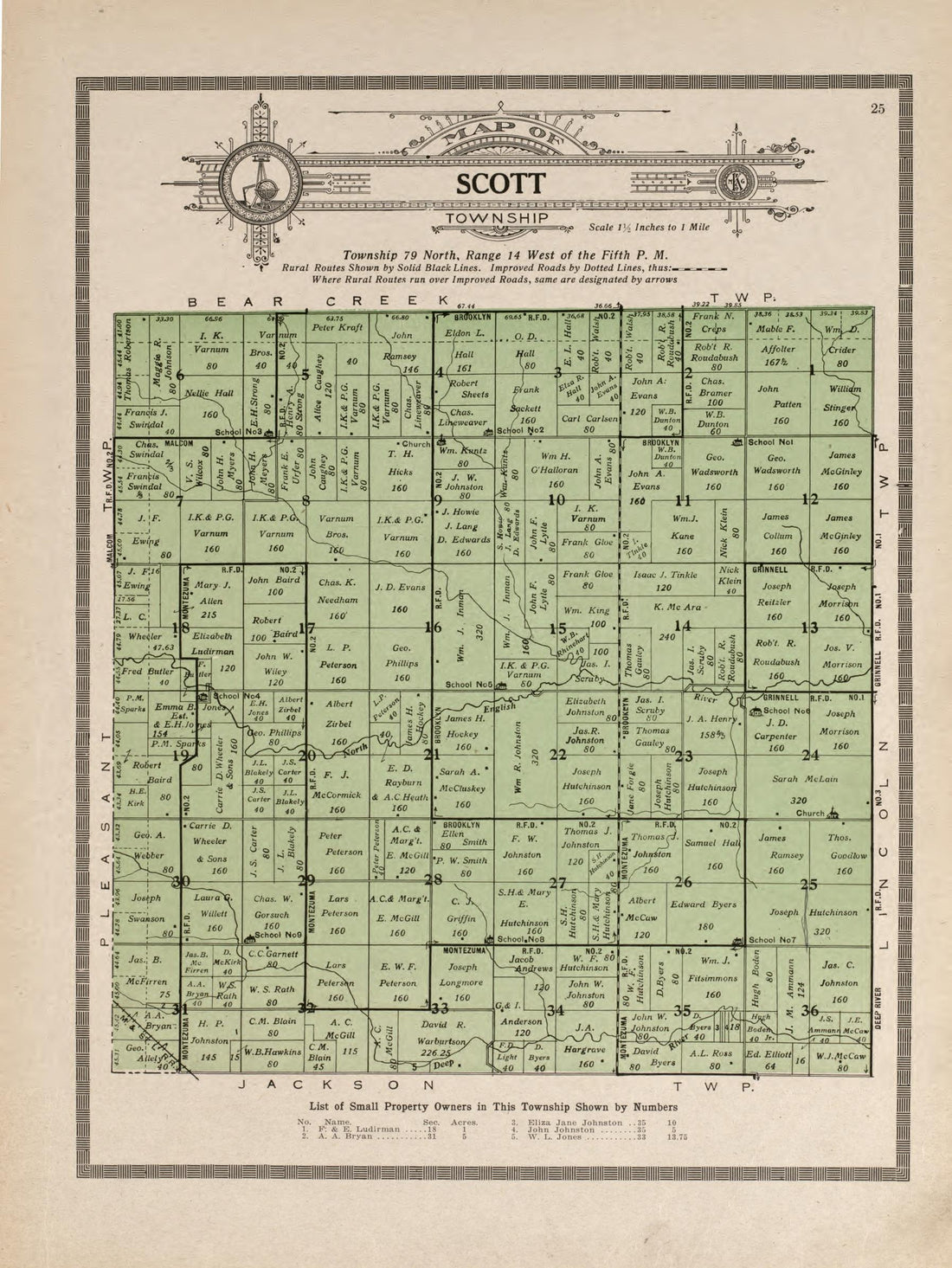Scott Township from Atlas and Plat Book of Poweshiek County, Iowa : Containing Outline Map of the County, Plats of All the Townships With Owners&