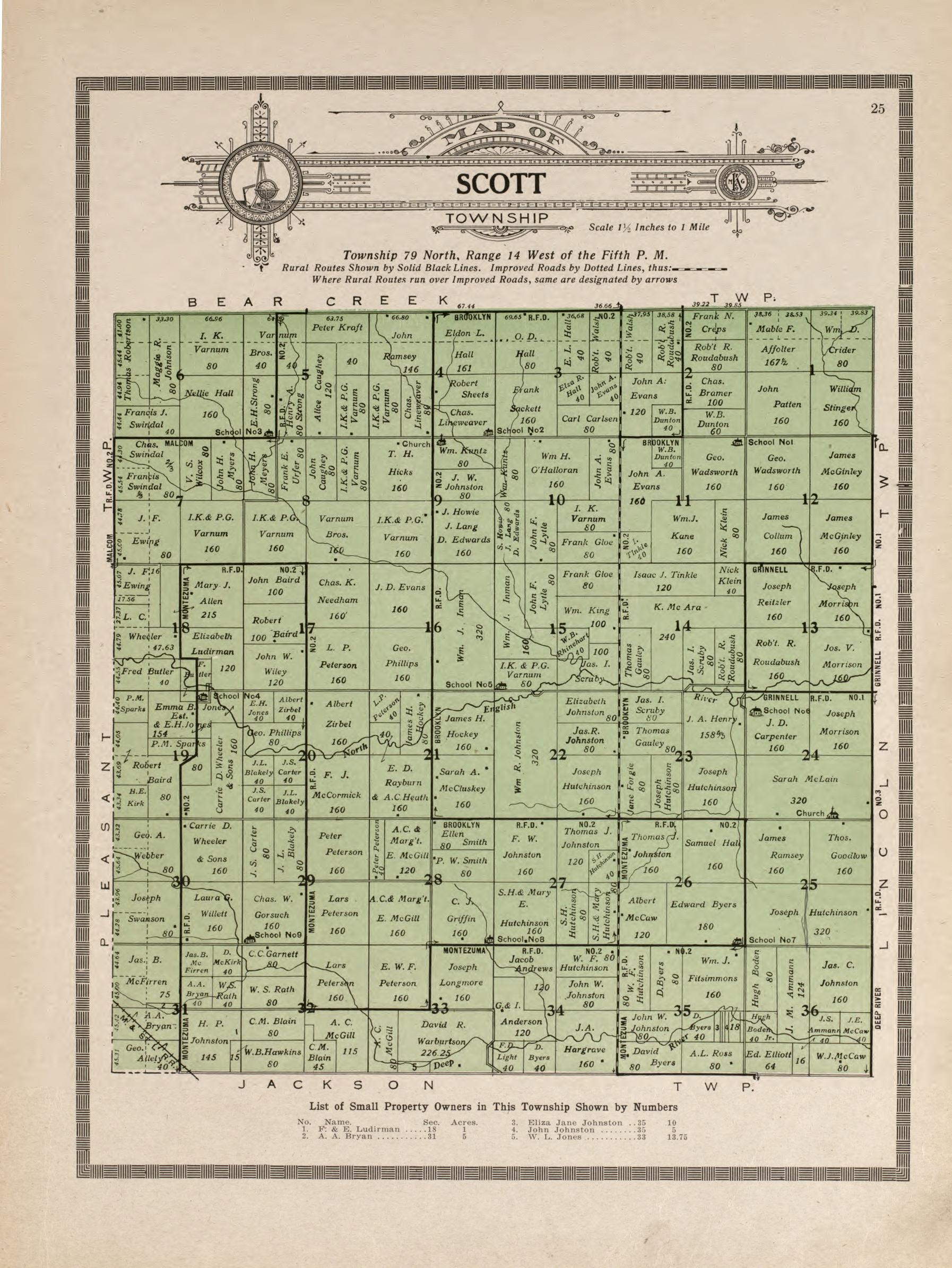 Scott Township from Atlas and Plat Book of Poweshiek County, Iowa : Containing Outline Map of the County, Plats of All the Townships With Owners&