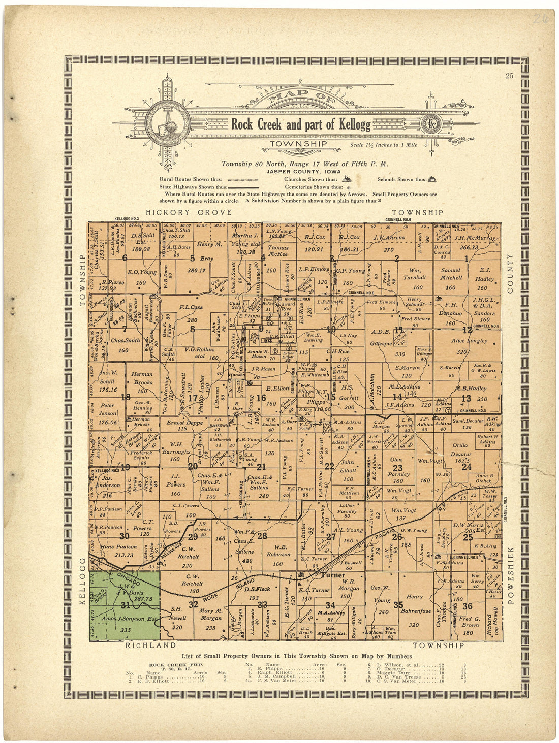 Map of Rock Creek and Part of Kellogg Township from Atlas and Plat Book of Jasper County, Iowa : Containing Outline Map of the County, Plats of All the Townships With Owners&
