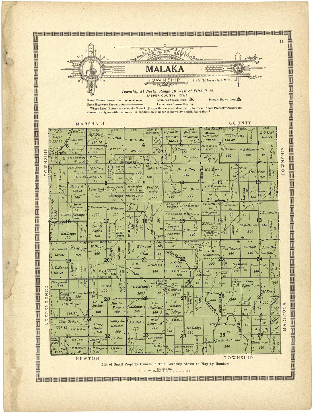 Map of Malaka Township from Atlas and Plat Book of Jasper County, Iowa : Containing Outline Map of the County, Plats of All the Townships With Owners&