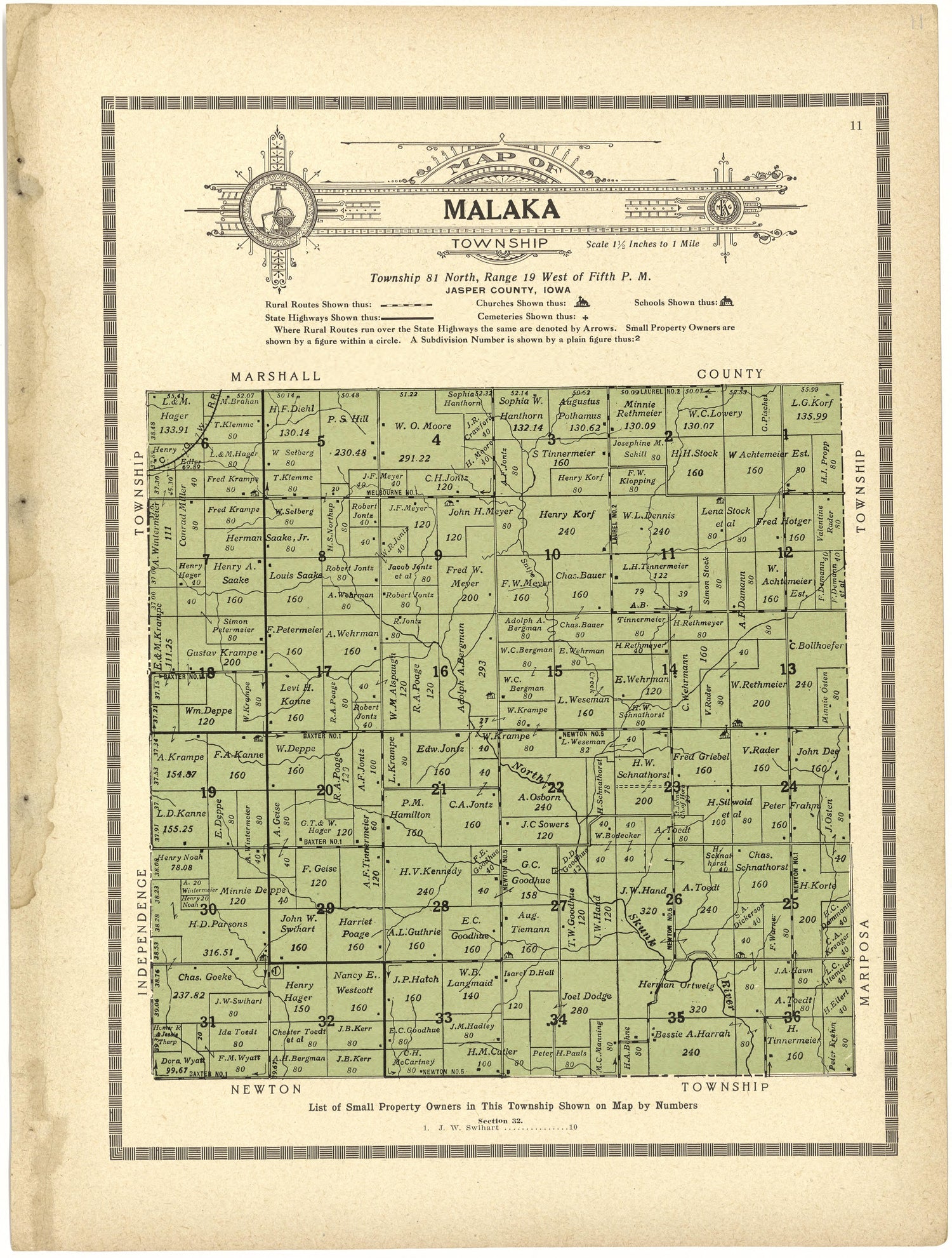Map of Malaka Township from Atlas and Plat Book of Jasper County, Iowa : Containing Outline Map of the County, Plats of All the Townships With Owners&