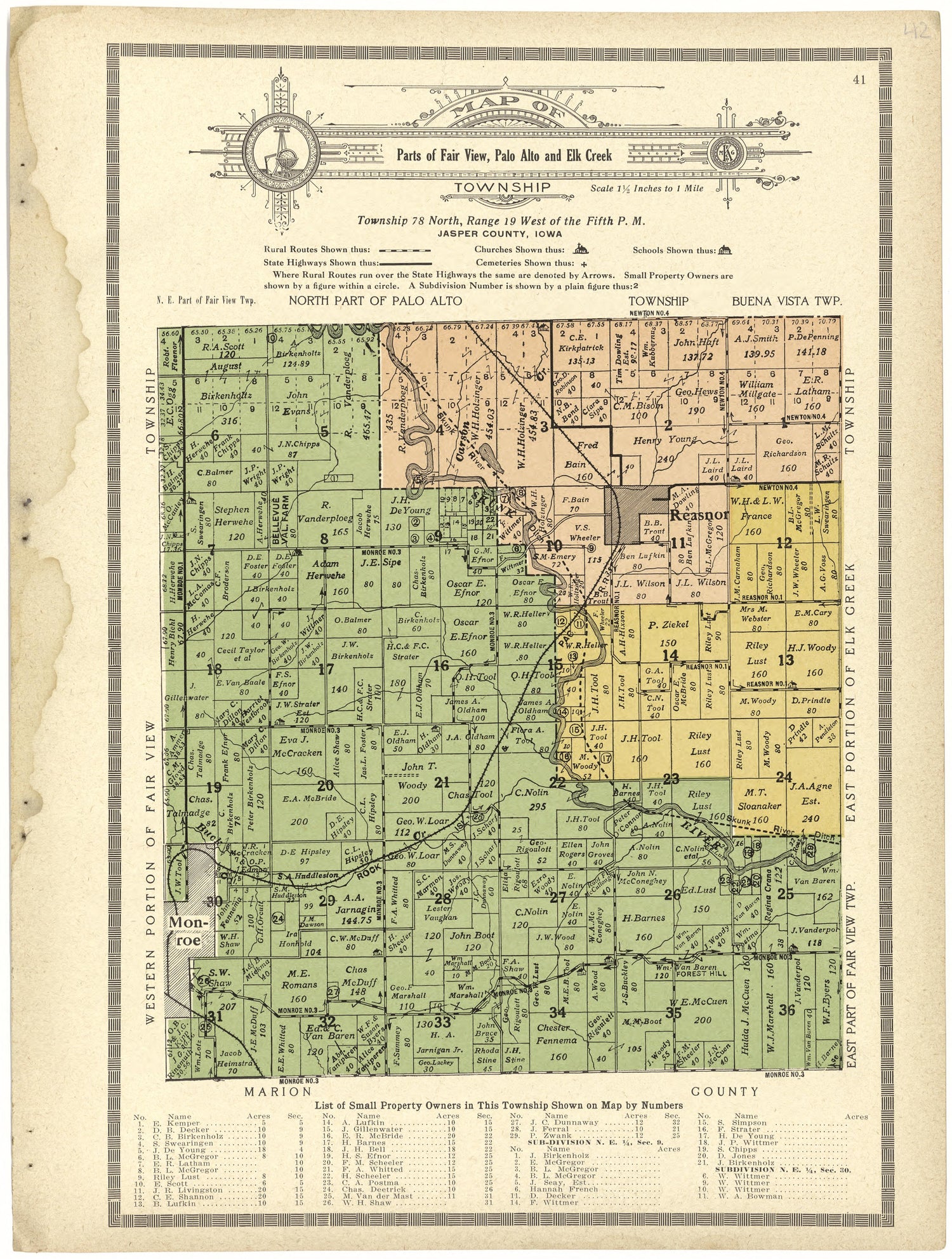 Map of Parts of Fair View, Palo Alto and Elk Creek Township from Atlas and Plat Book of Jasper County, Iowa : Containing Outline Map of the County, Plats of All the Townships With Owners&