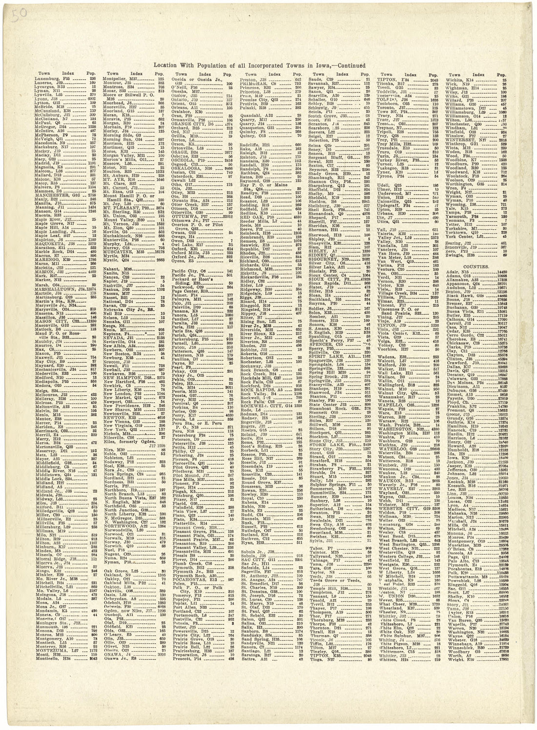 Location With Population of All Incorporated Towns In Iowa, - Continued from Atlas and Plat Book of Jasper County, Iowa : Containing Outline Map of the County, Plats of All the Townships With Owners&