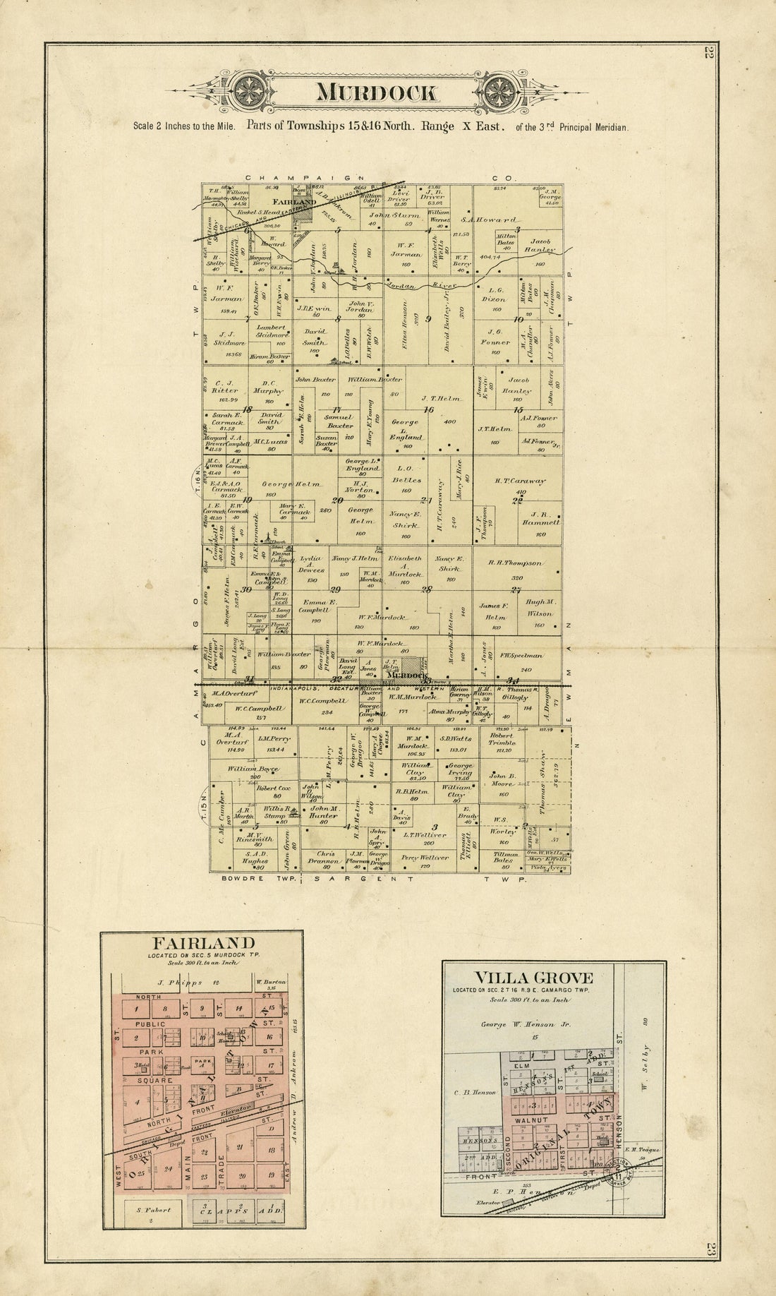 Murdok; Fairland; Villa Grove from Plat Book of Douglas County, Illinois 1893 by Relic Map Company