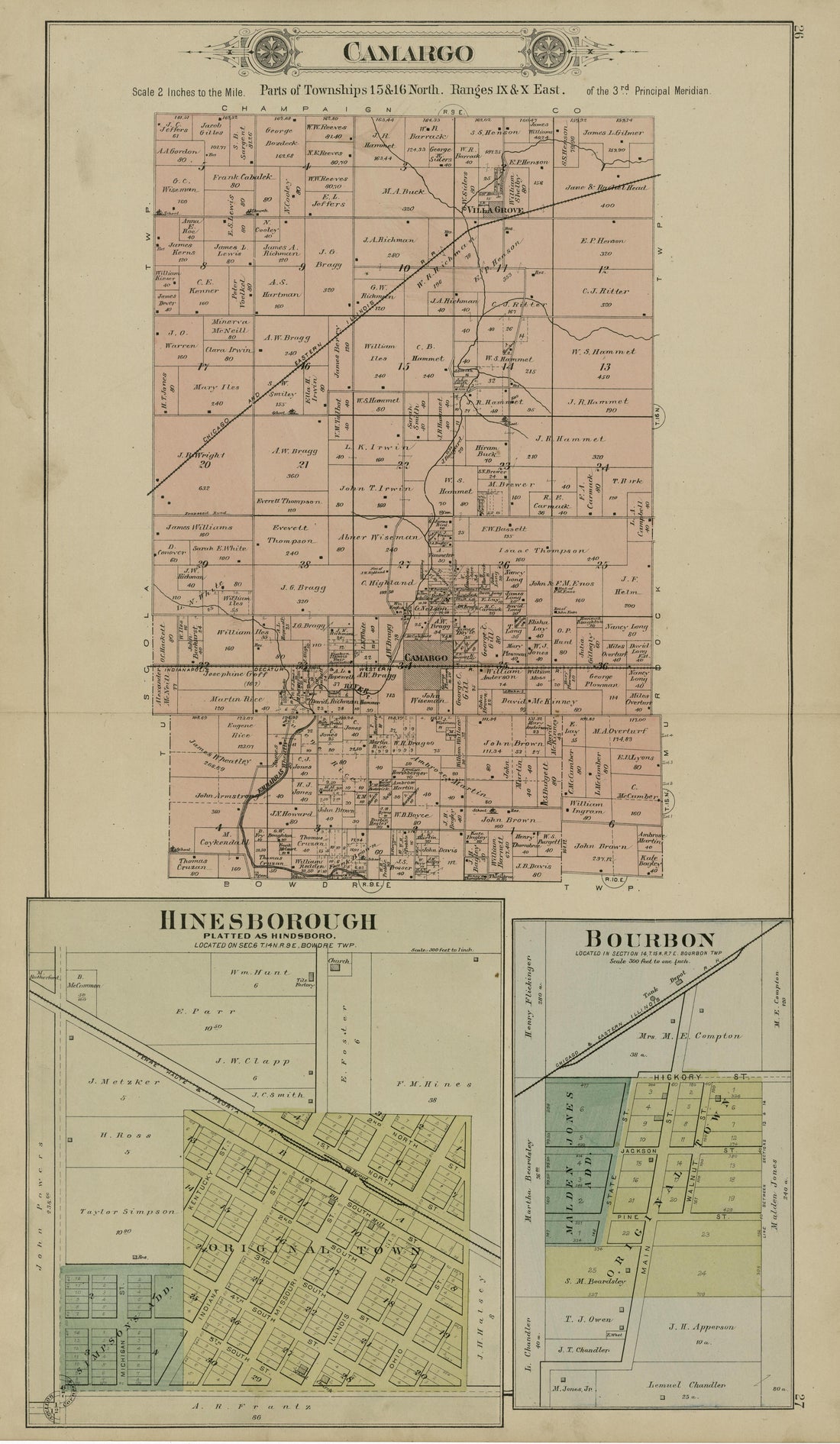 Camargo; Hinesborough; Bourbon from Plat Book of Douglas County, Illinois 1893 by Relic Map Company