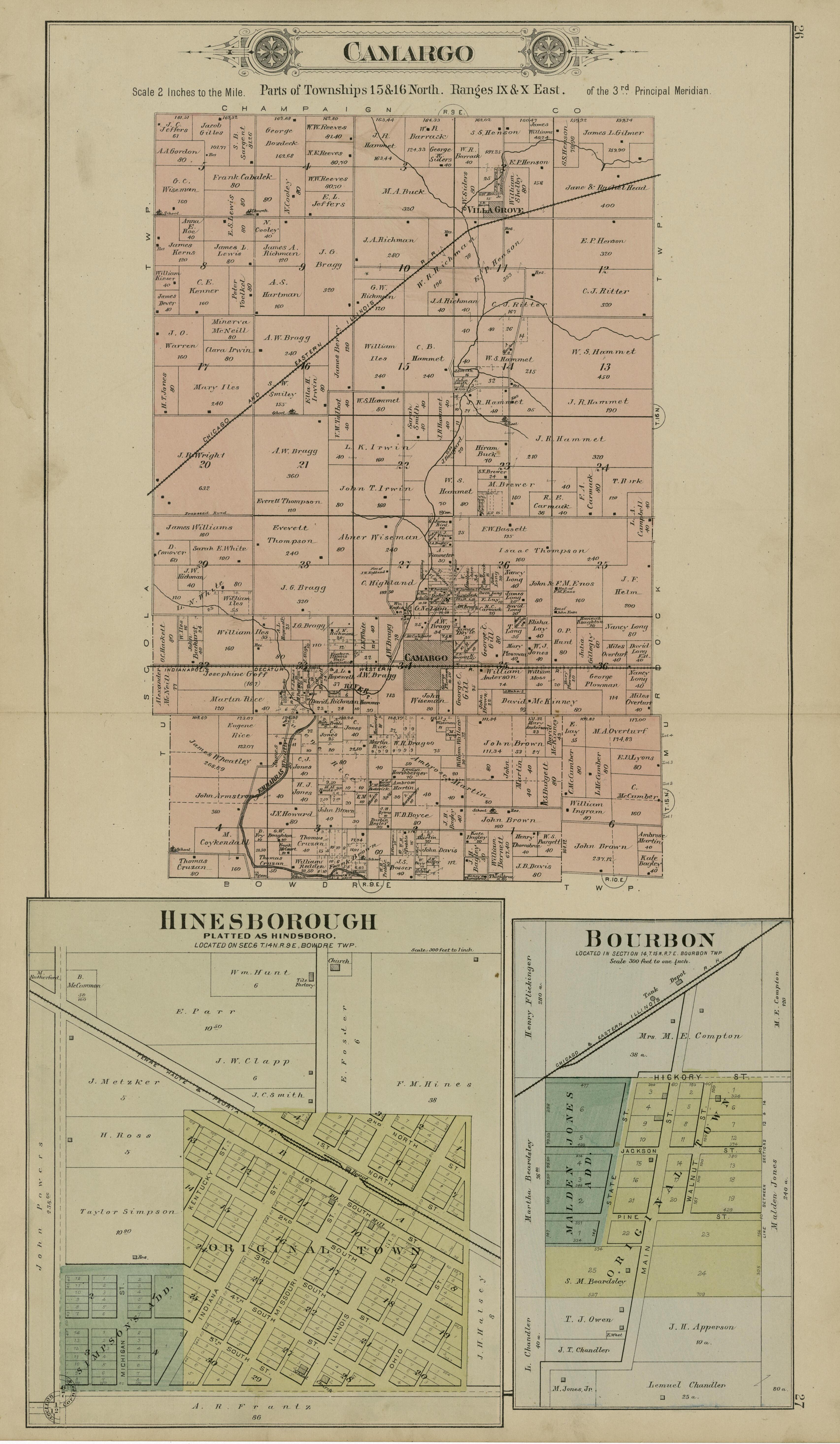 Camargo; Hinesborough; Bourbon from Plat Book of Douglas County, Illinois 1893 by Relic Map Company