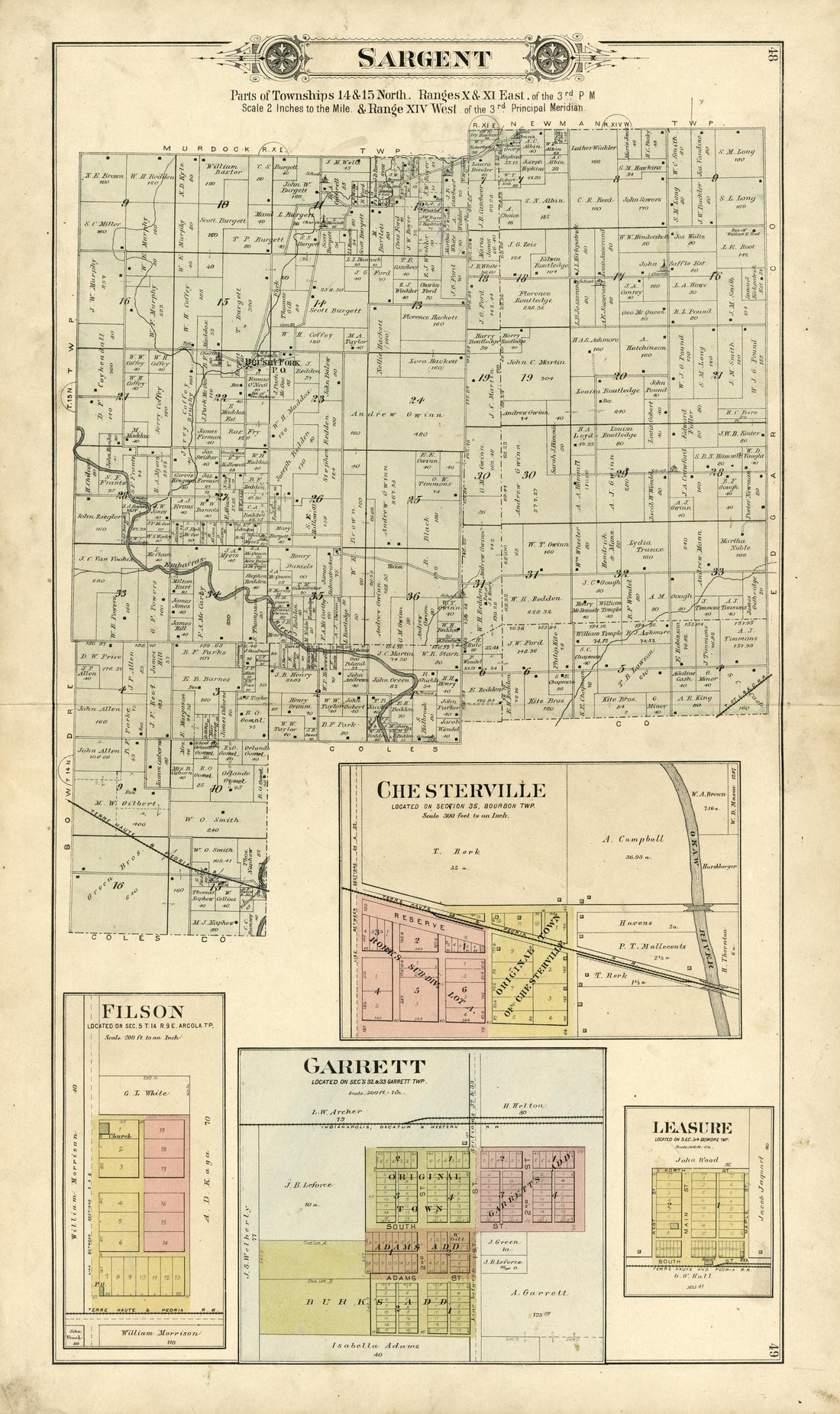 Sargent; Chesterville; Filson; Garrett; Leasure from Plat Book of Douglas County, Illinois 1893 by Relic Map Company