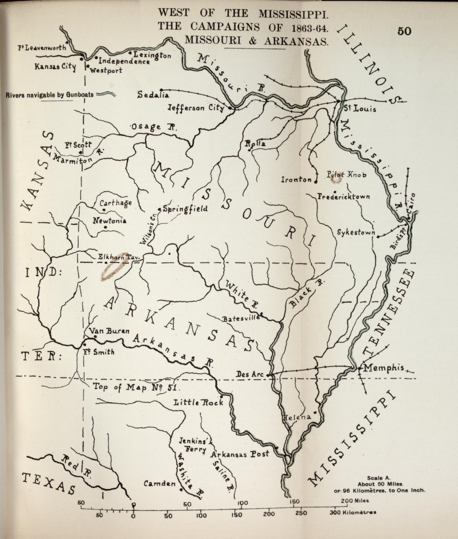 West of the Mississippi, Campaigns of 1863-1864, Missouri and Arkansas from the American Civil War--maps 1910 by Relic Map Company