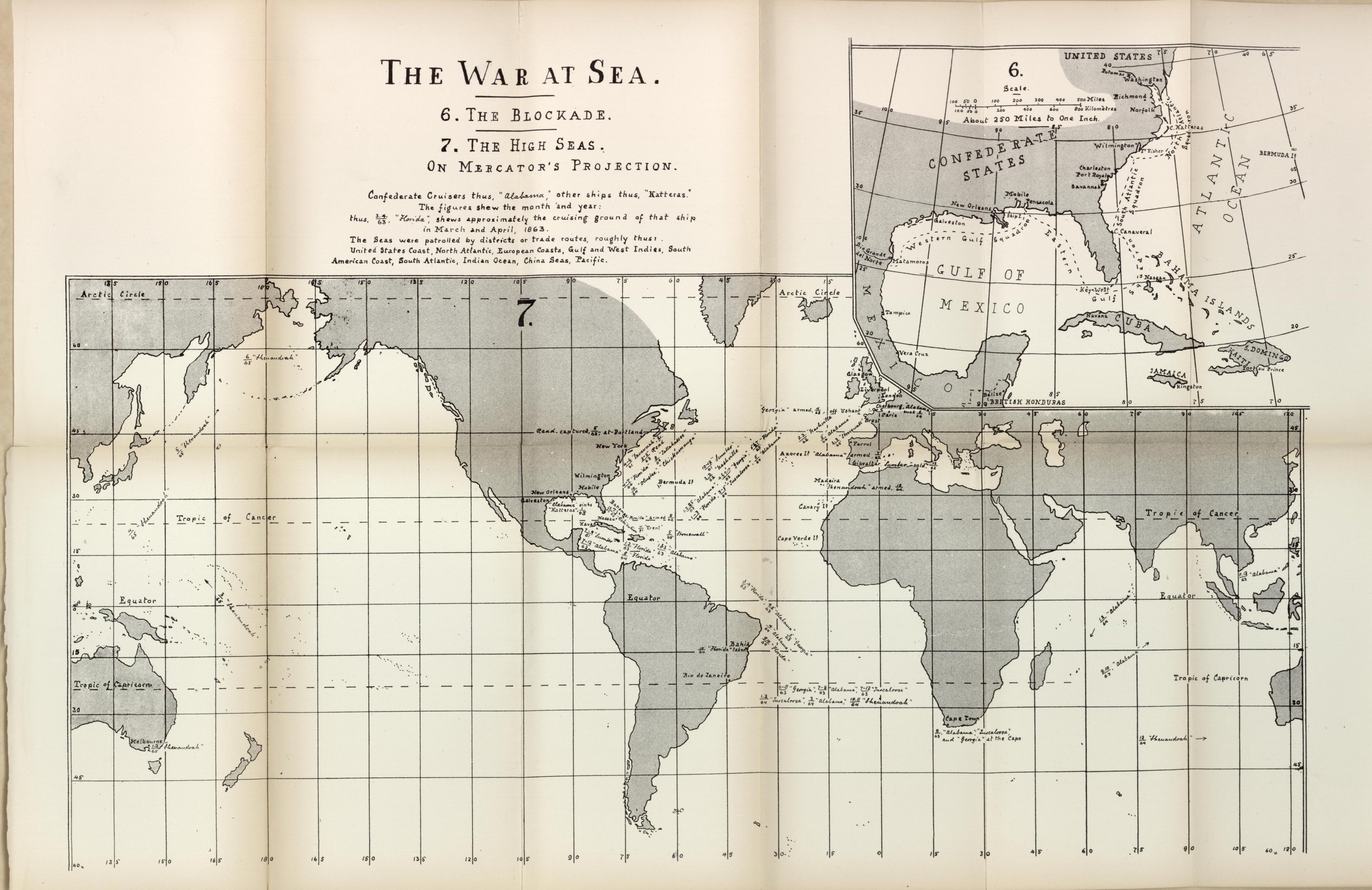 War at Sea, 1863 from the American Civil War--maps 1910 by Relic Map Company