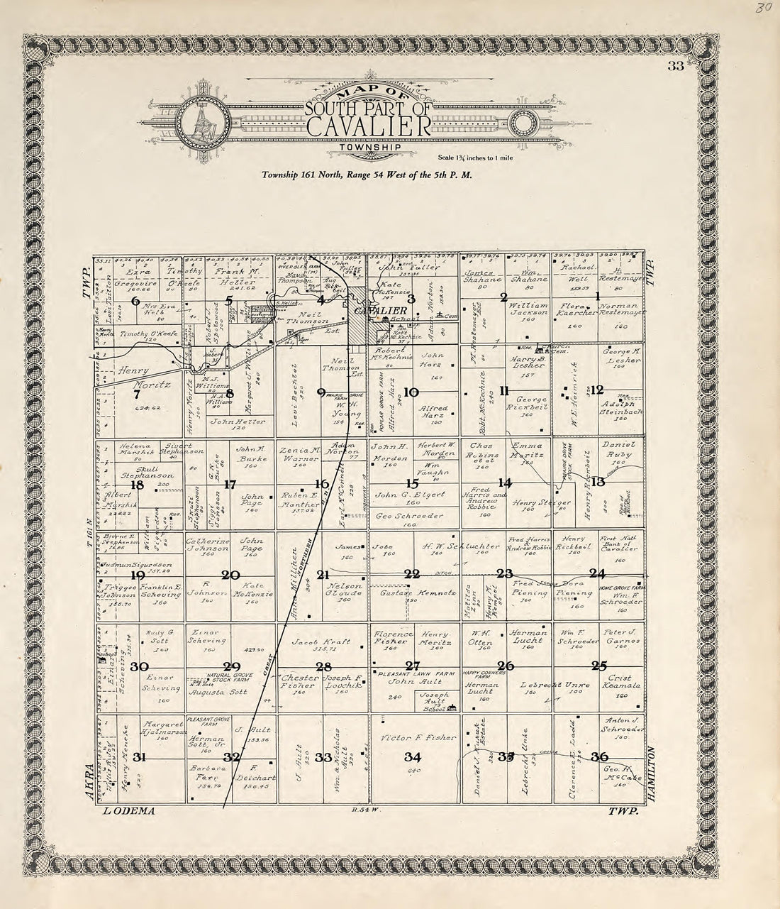 Map of South Part of Cavalier Township from Standard Atlas of Pembina County, North Dakota : Including a Plat Book of the Villages, Cities and Townships of the County, Map of the State, United States and World : Patrons Directory, … 1928 by Relic Map Company