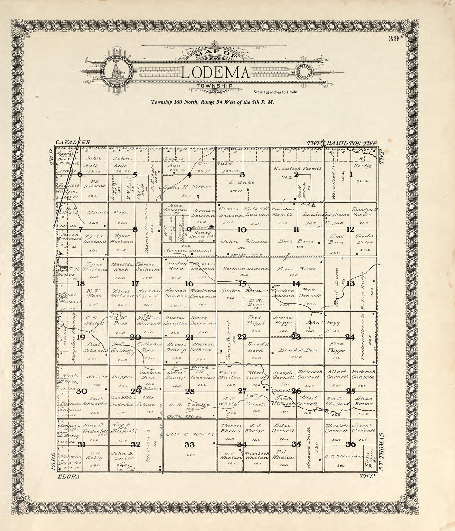 Map of Lodema Township from Standard Atlas of Pembina County, North Dakota : Including a Plat Book of the Villages, Cities and Townships of the County, Map of the State, United States and World : Patrons Directory, … 1928 by Relic Map Company