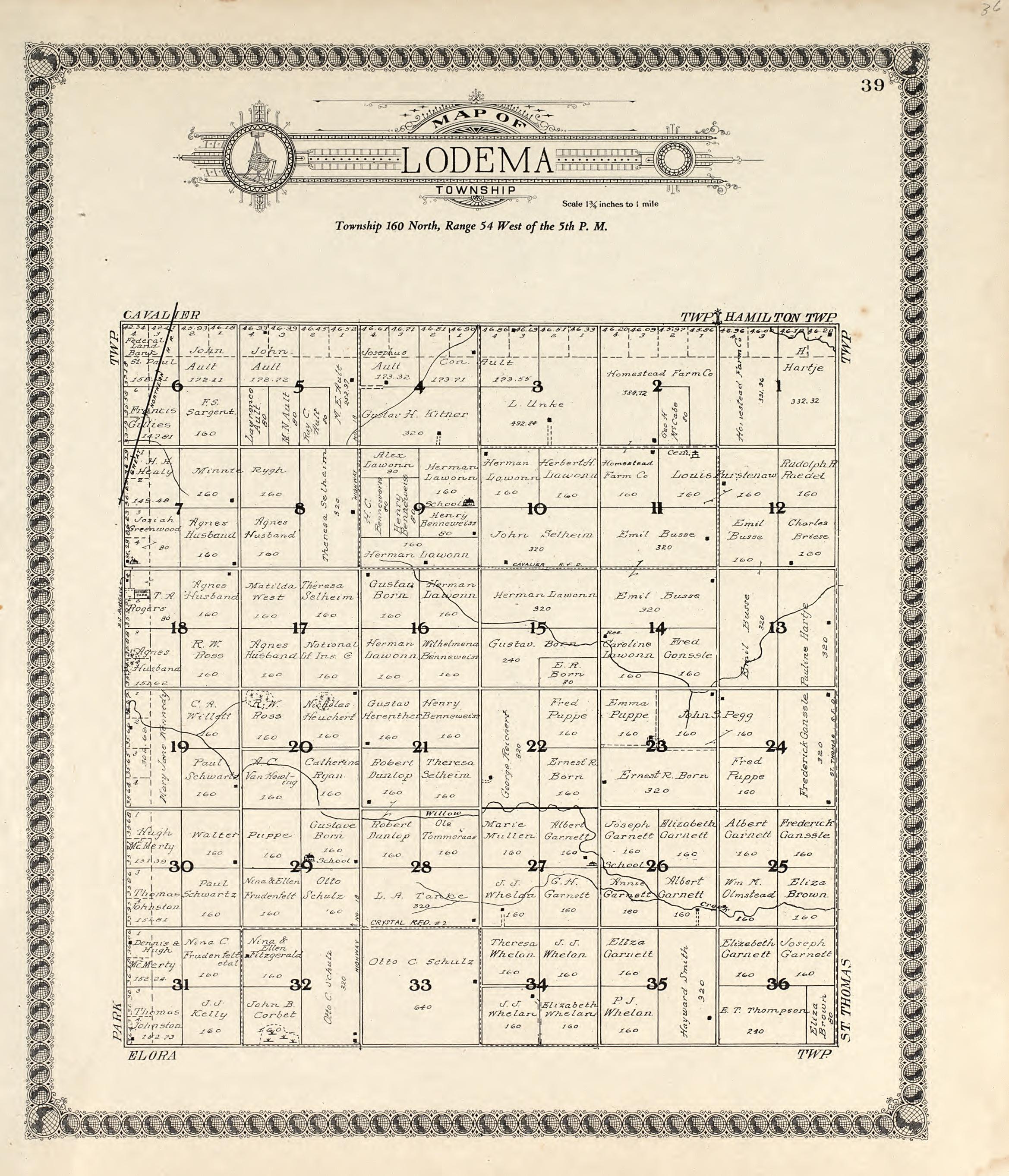 Map of Lodema Township from Standard Atlas of Pembina County, North Dakota : Including a Plat Book of the Villages, Cities and Townships of the County, Map of the State, United States and World : Patrons Directory, … 1928 by Relic Map Company
