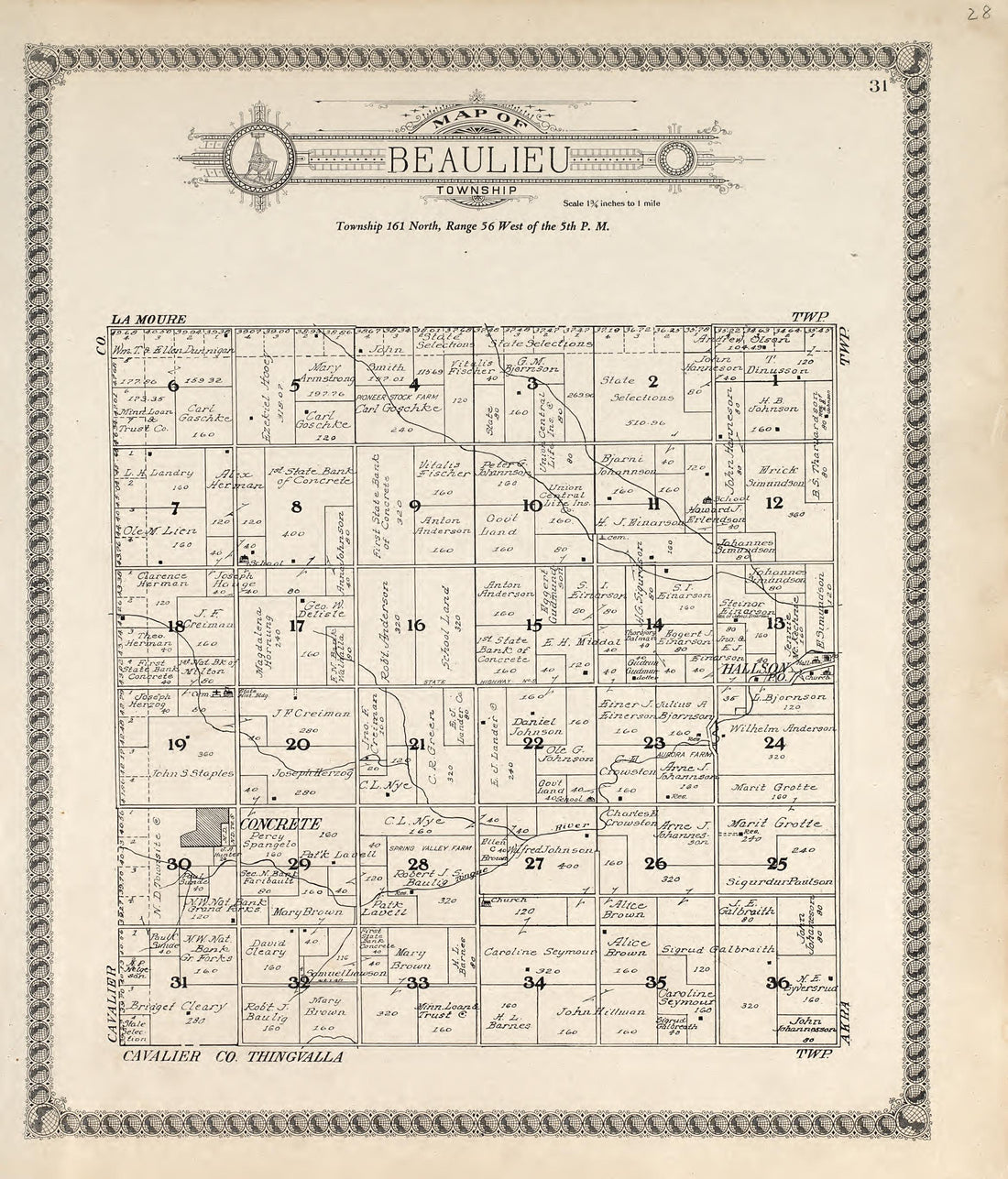 Map of Beaulieu Township from Standard Atlas of Pembina County, North Dakota : Including a Plat Book of the Villages, Cities and Townships of the County, Map of the State, United States and World : Patrons Directory, … 1928 by Relic Map Company