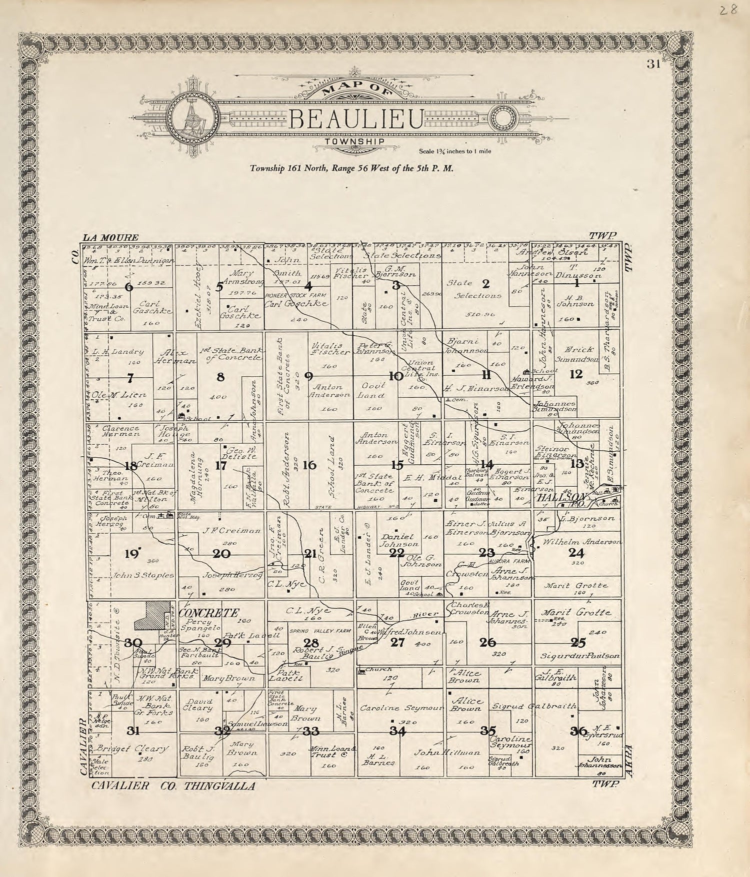 Map of Beaulieu Township from Standard Atlas of Pembina County, North Dakota : Including a Plat Book of the Villages, Cities and Townships of the County, Map of the State, United States and World : Patrons Directory, … 1928 by Relic Map Company