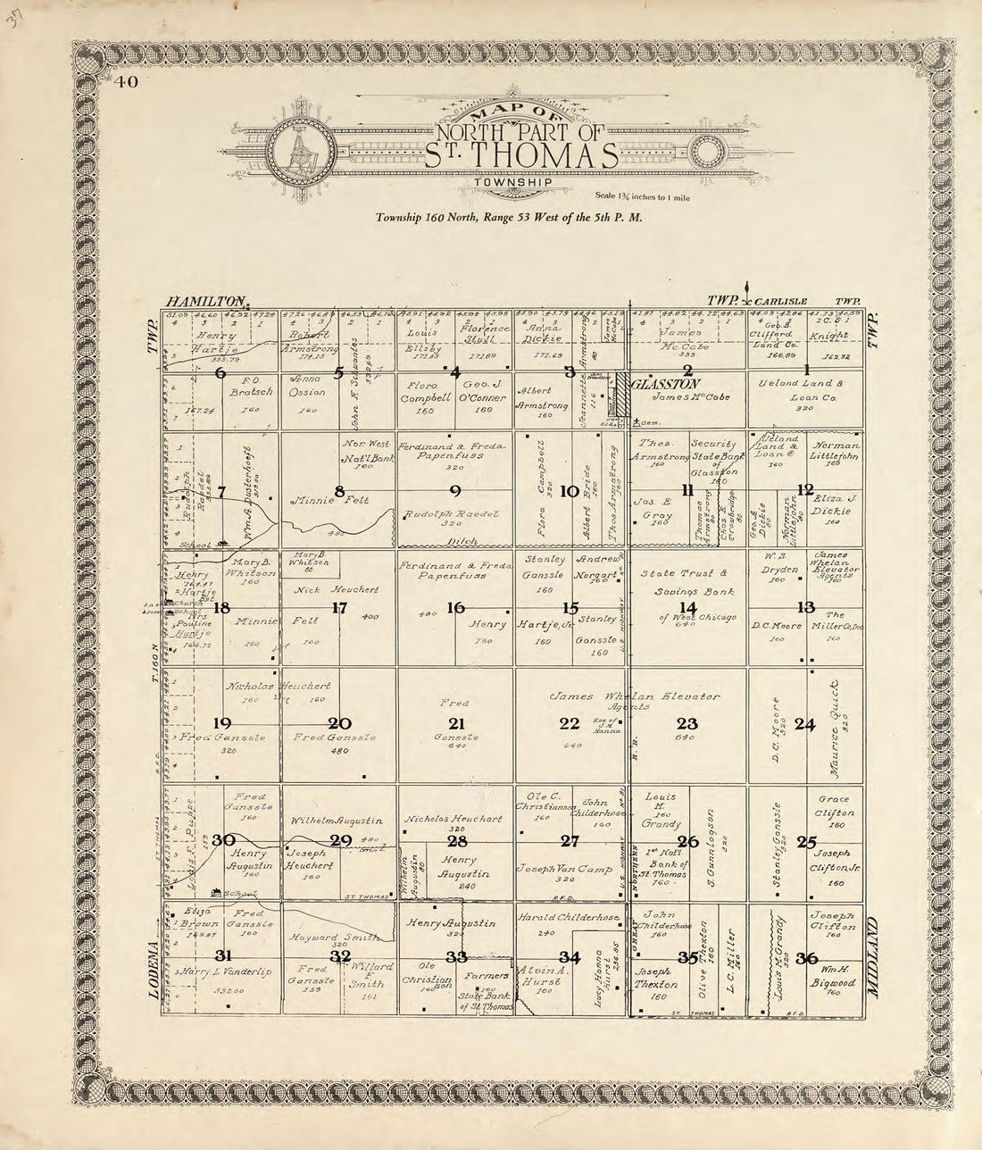 Map of North Part of St. Thomas Township from Standard Atlas of Pembina County, North Dakota : Including a Plat Book of the Villages, Cities and Townships of the County, Map of the State, United States and World : Patrons Directory, … 1928 by Relic Map Company