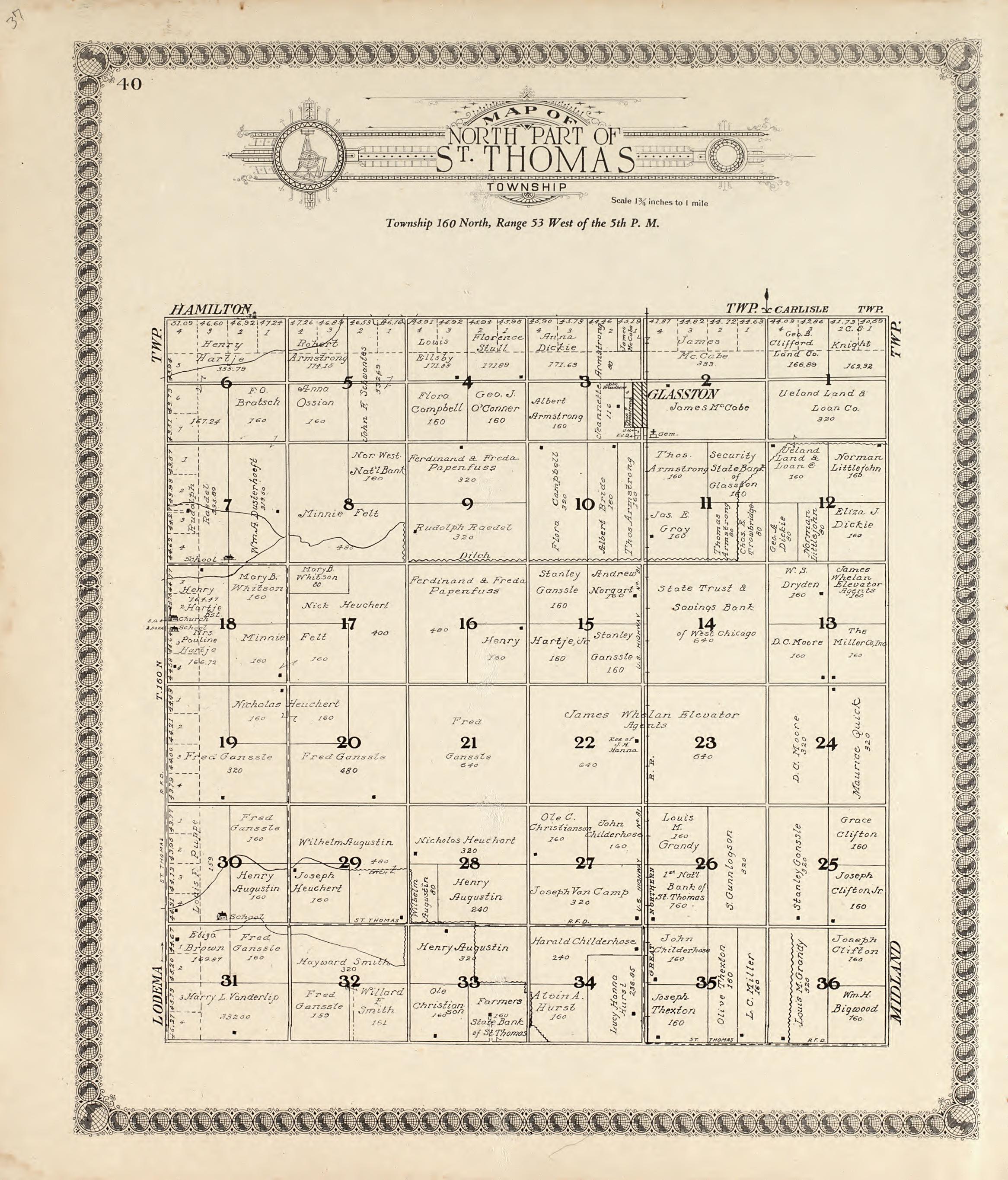 Map of North Part of St. Thomas Township from Standard Atlas of Pembina County, North Dakota : Including a Plat Book of the Villages, Cities and Townships of the County, Map of the State, United States and World : Patrons Directory, … 1928 by Relic Map Company