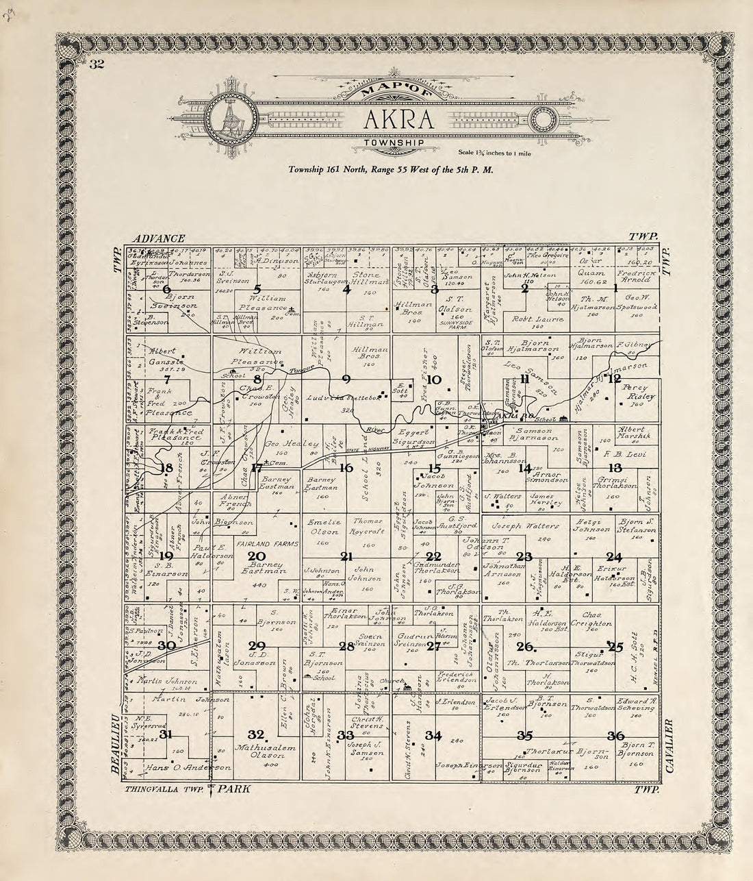 Map of Akra Township from Standard Atlas of Pembina County, North Dakota : Including a Plat Book of the Villages, Cities and Townships of the County, Map of the State, United States and World : Patrons Directory, … 1928 by Relic Map Company