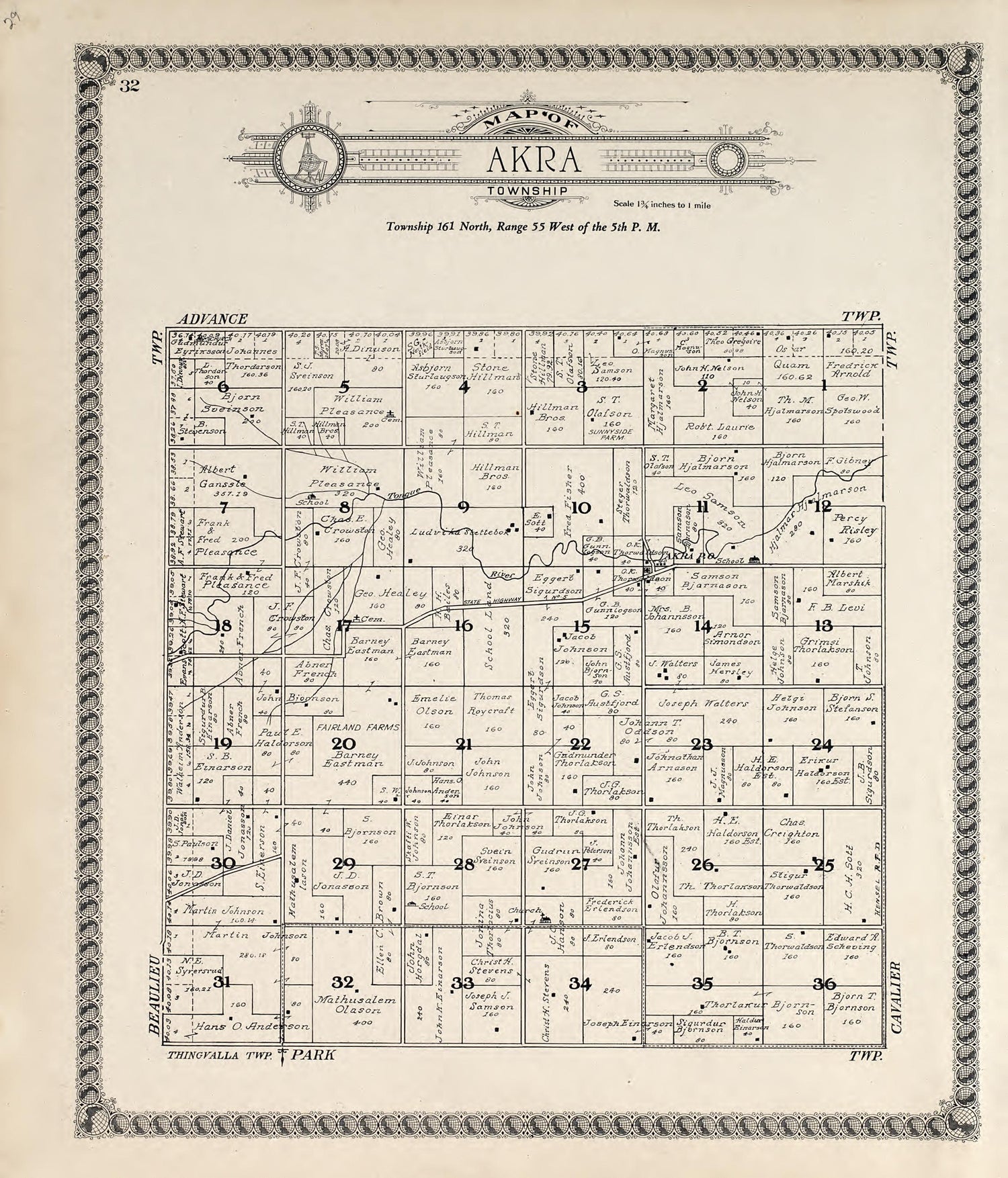 Map of Akra Township from Standard Atlas of Pembina County, North Dakota : Including a Plat Book of the Villages, Cities and Townships of the County, Map of the State, United States and World : Patrons Directory, … 1928 by Relic Map Company