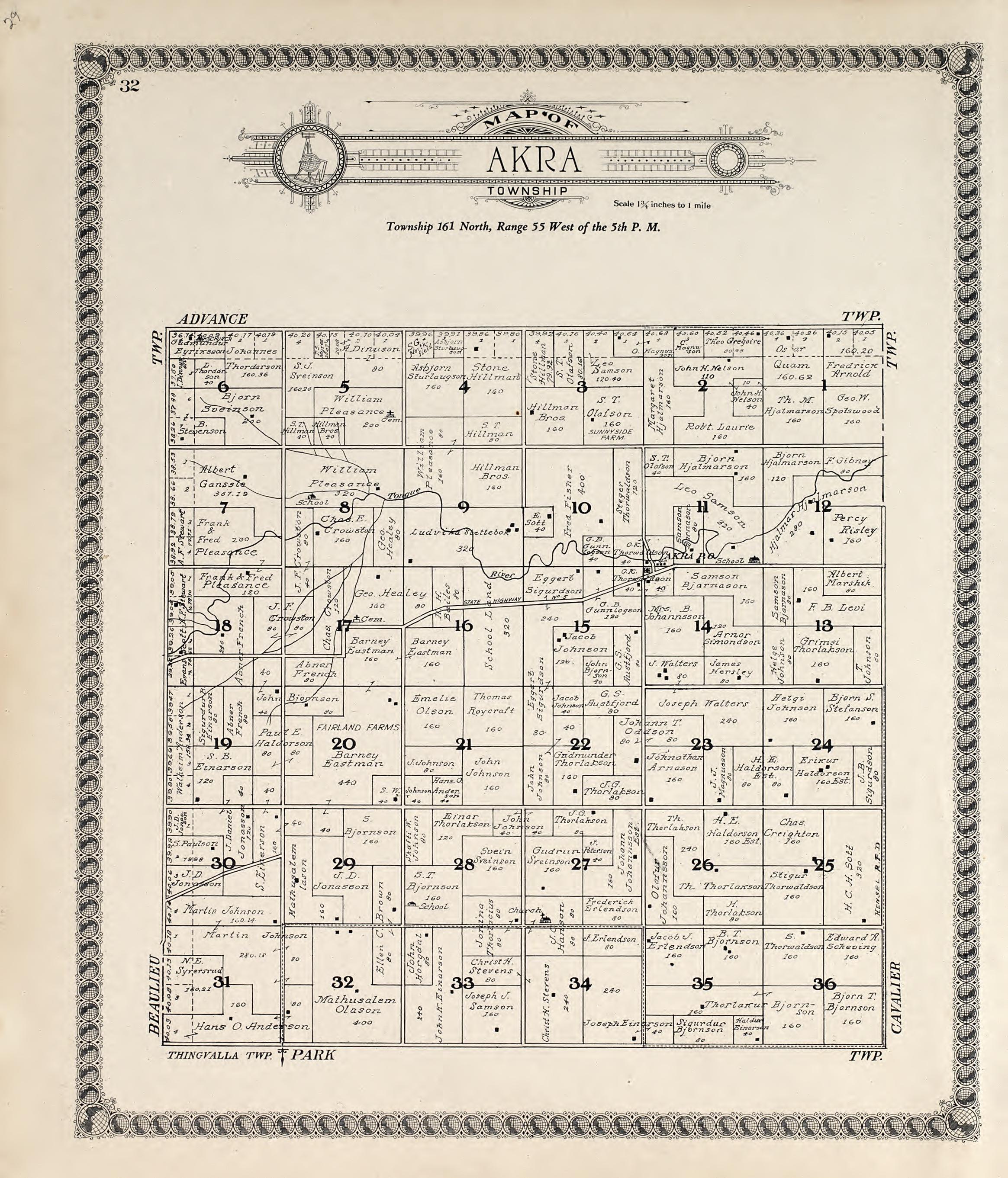 Map of Akra Township from Standard Atlas of Pembina County, North Dakota : Including a Plat Book of the Villages, Cities and Townships of the County, Map of the State, United States and World : Patrons Directory, … 1928 by Relic Map Company