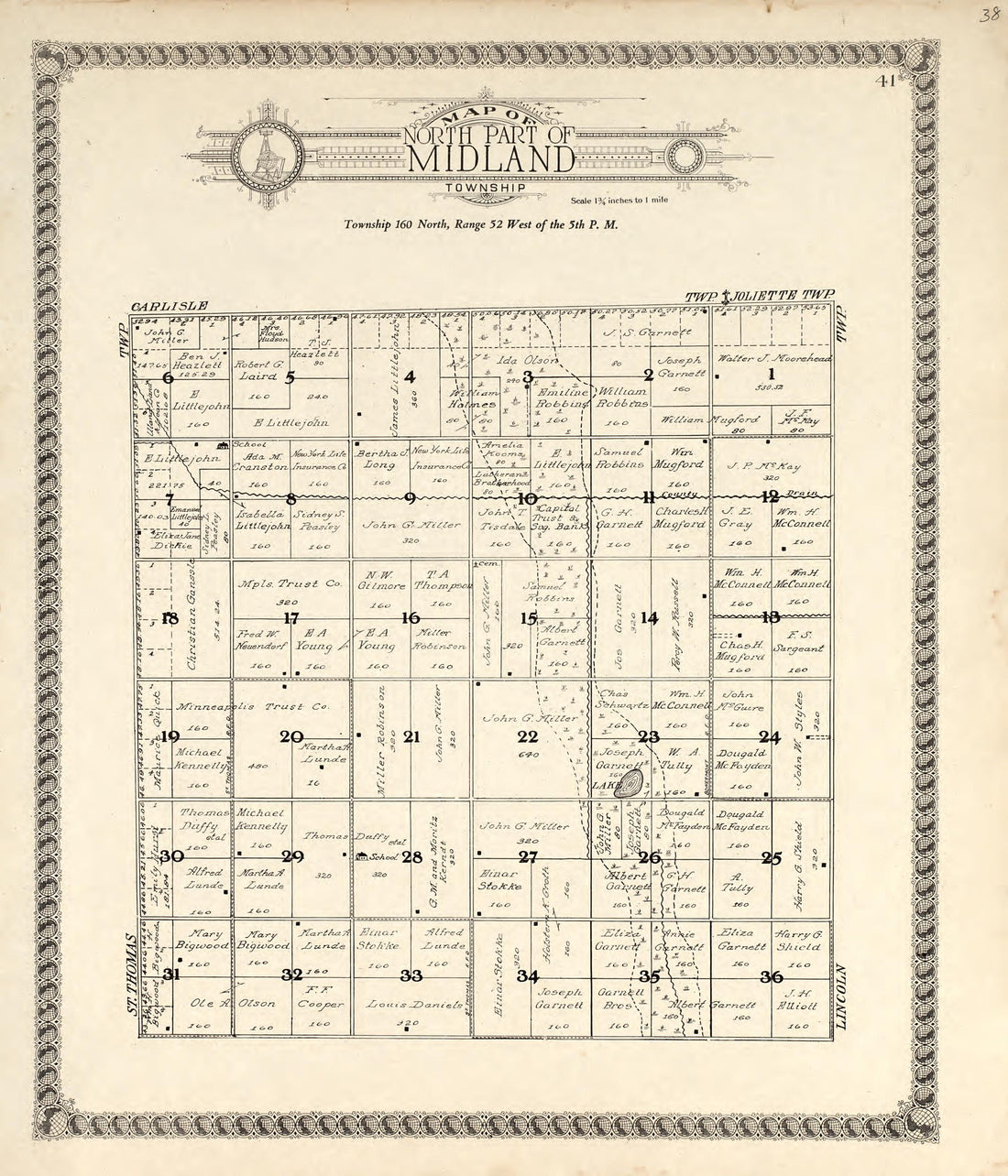 Map of North Part of Midland Township from Standard Atlas of Pembina County, North Dakota : Including a Plat Book of the Villages, Cities and Townships of the County, Map of the State, United States and World : Patrons Directory, … 1928 by Relic Map Company