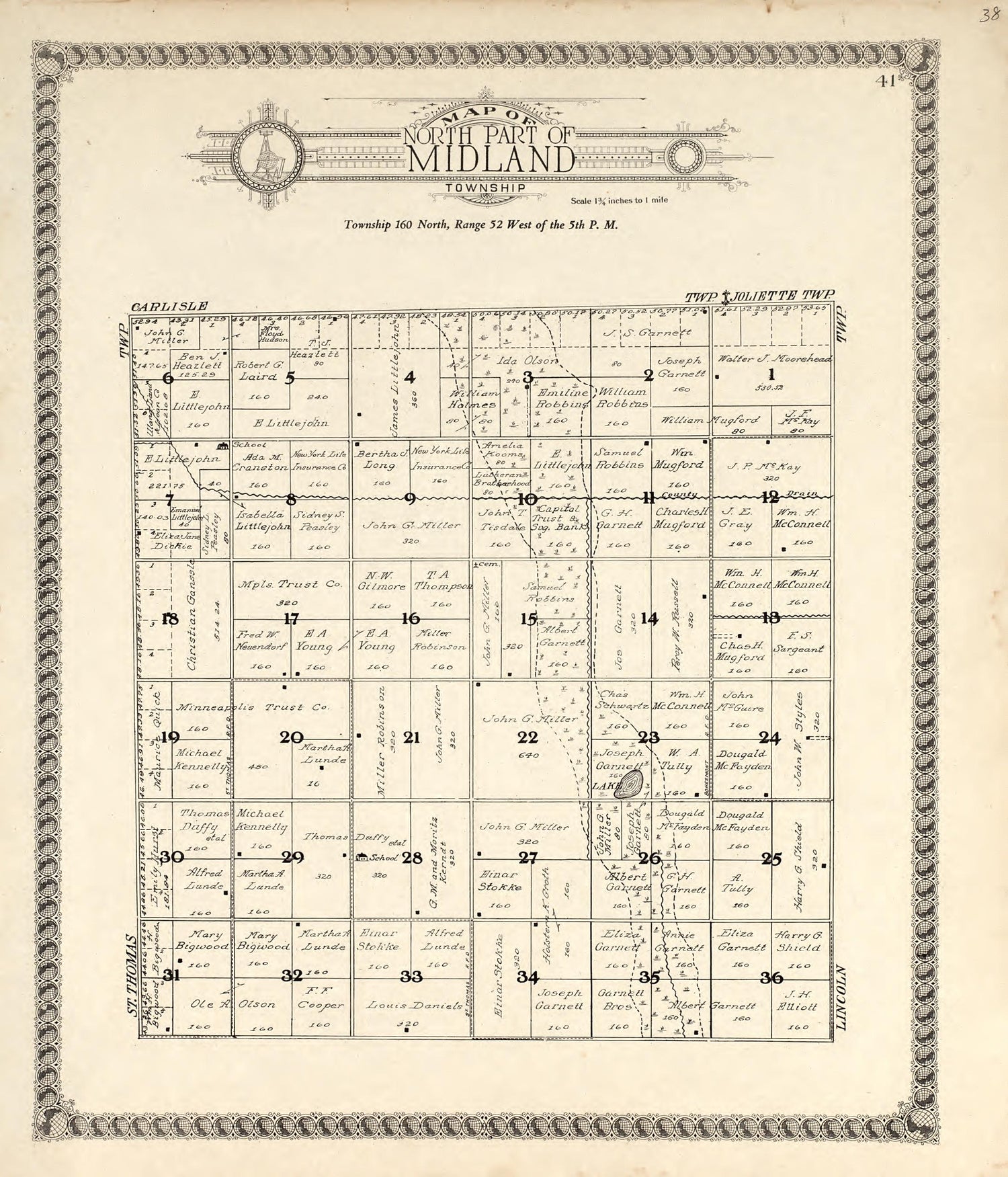 Map of North Part of Midland Township from Standard Atlas of Pembina County, North Dakota : Including a Plat Book of the Villages, Cities and Townships of the County, Map of the State, United States and World : Patrons Directory, … 1928 by Relic Map Company