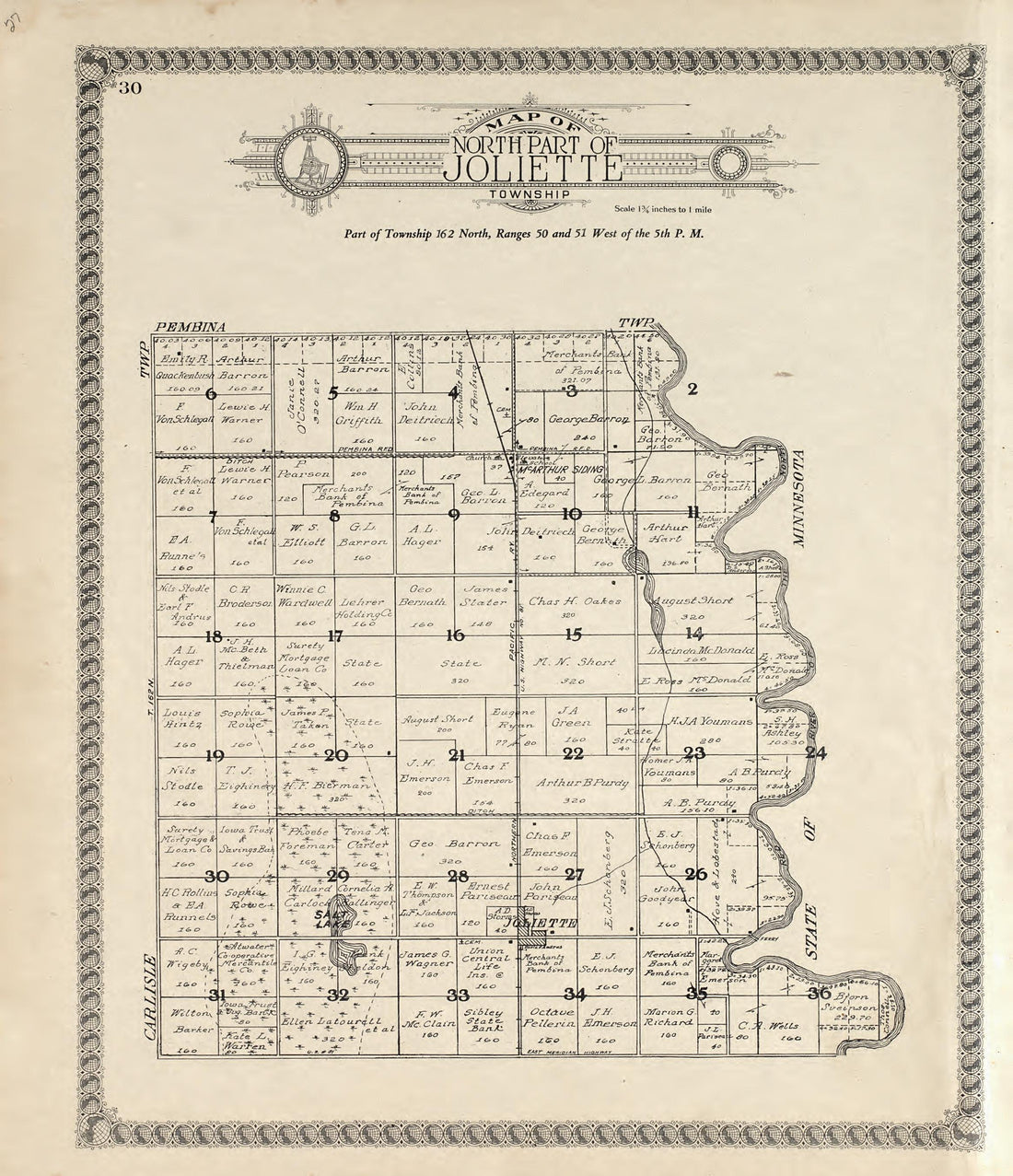 Map of North Part of Joliette Township from Standard Atlas of Pembina County, North Dakota : Including a Plat Book of the Villages, Cities and Townships of the County, Map of the State, United States and World : Patrons Directory, … 1928 by Relic Map Company