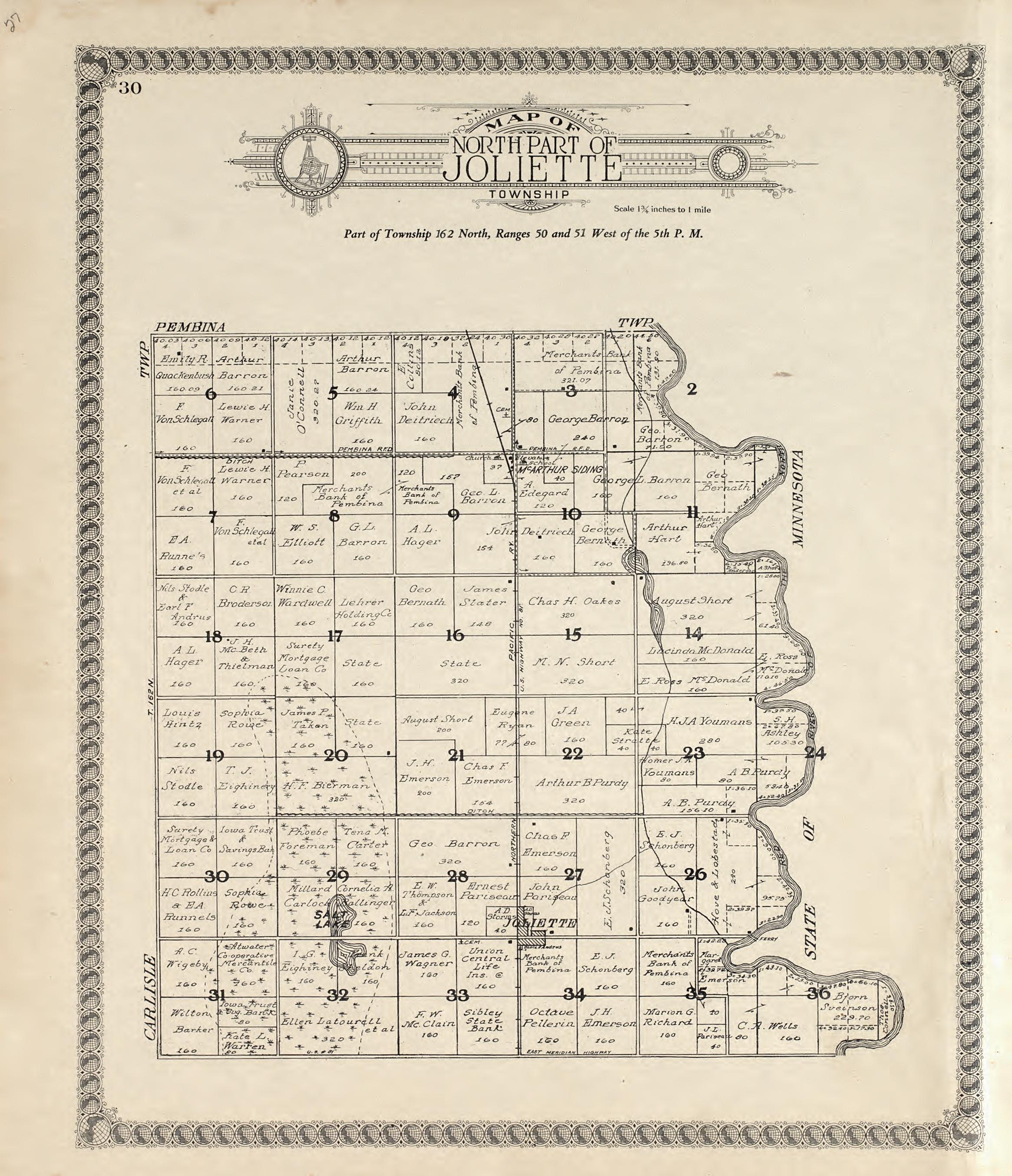 Map of North Part of Joliette Township from Standard Atlas of Pembina County, North Dakota : Including a Plat Book of the Villages, Cities and Townships of the County, Map of the State, United States and World : Patrons Directory, … 1928 by Relic Map Company