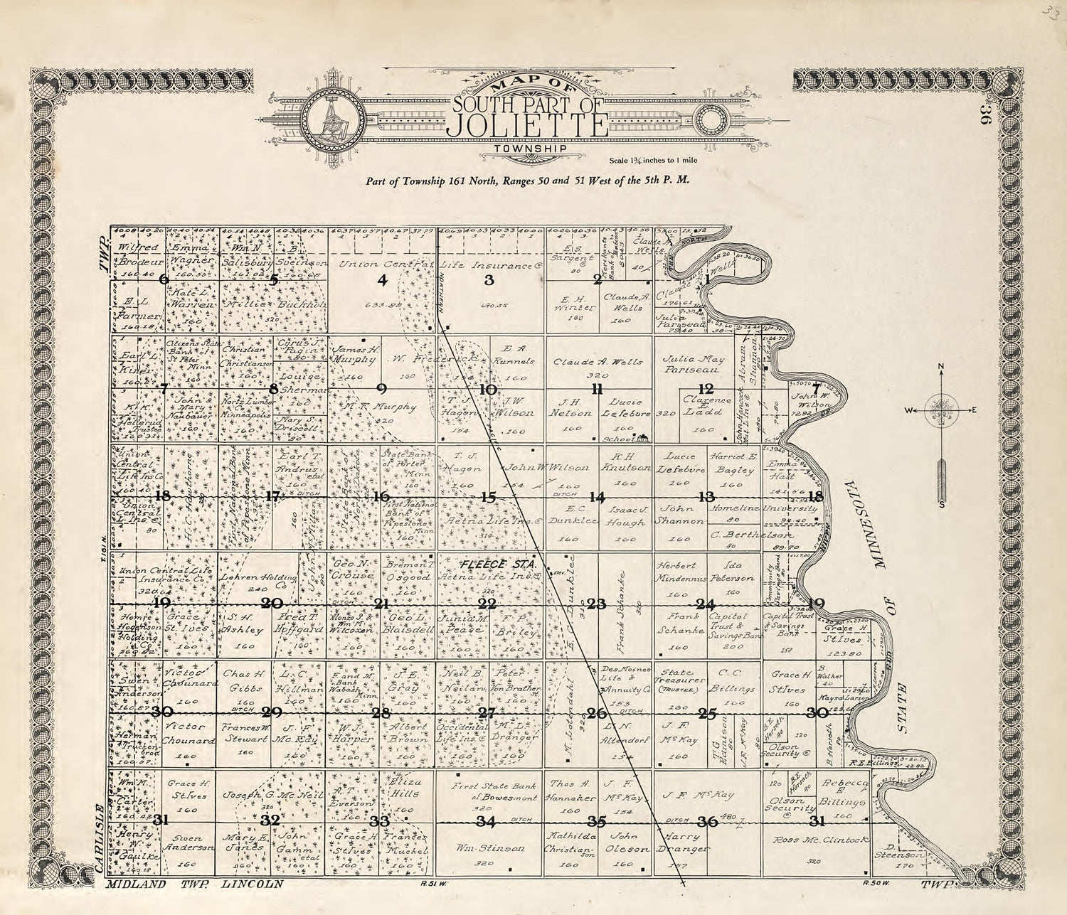 Map of South Part of Joliette Township from Standard Atlas of Pembina County, North Dakota : Including a Plat Book of the Villages, Cities and Townships of the County, Map of the State, United States and World : Patrons Directory, … 1928 by Relic Map Company