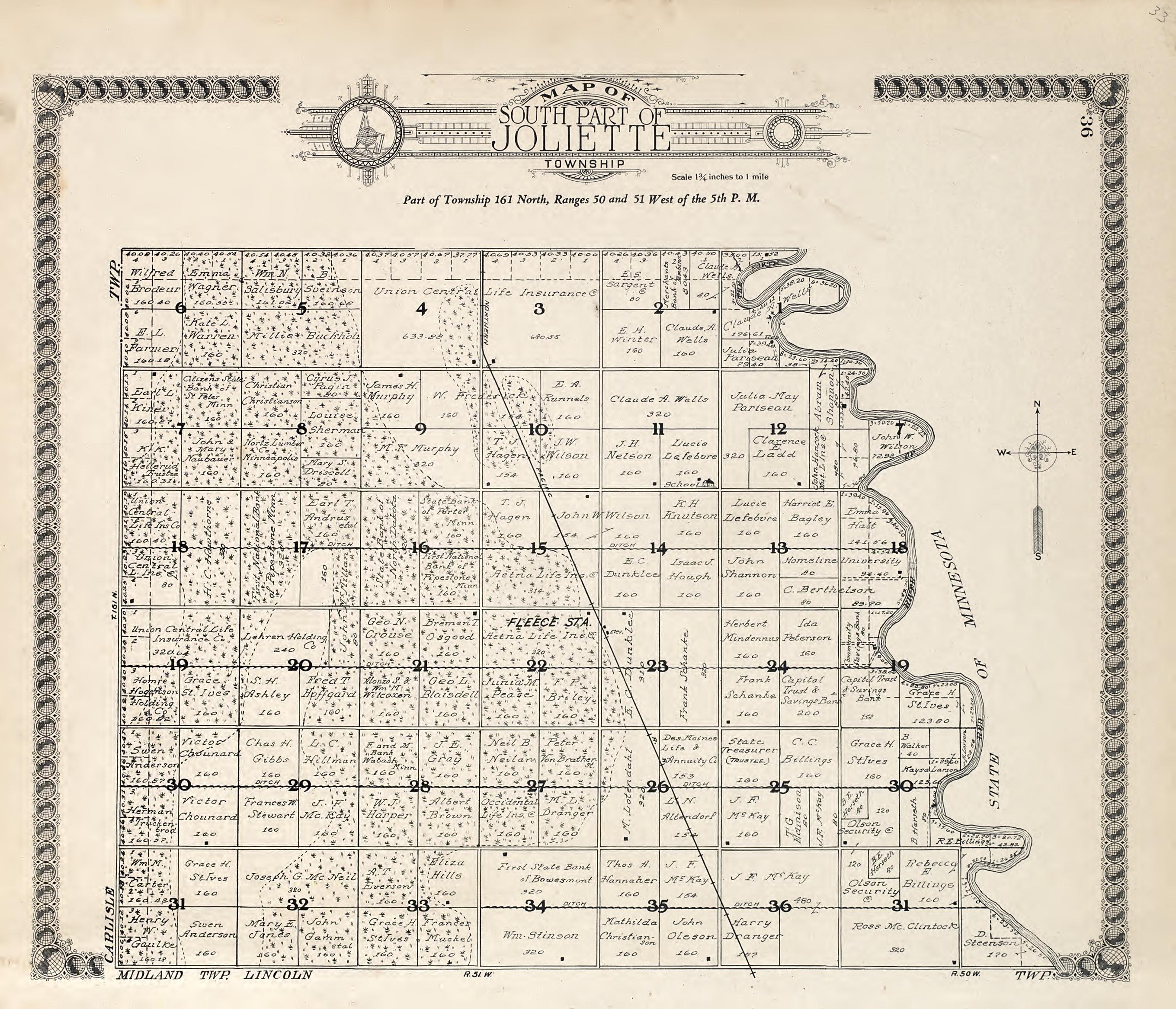 Map of South Part of Joliette Township from Standard Atlas of Pembina County, North Dakota : Including a Plat Book of the Villages, Cities and Townships of the County, Map of the State, United States and World : Patrons Directory, … 1928 by Relic Map Company