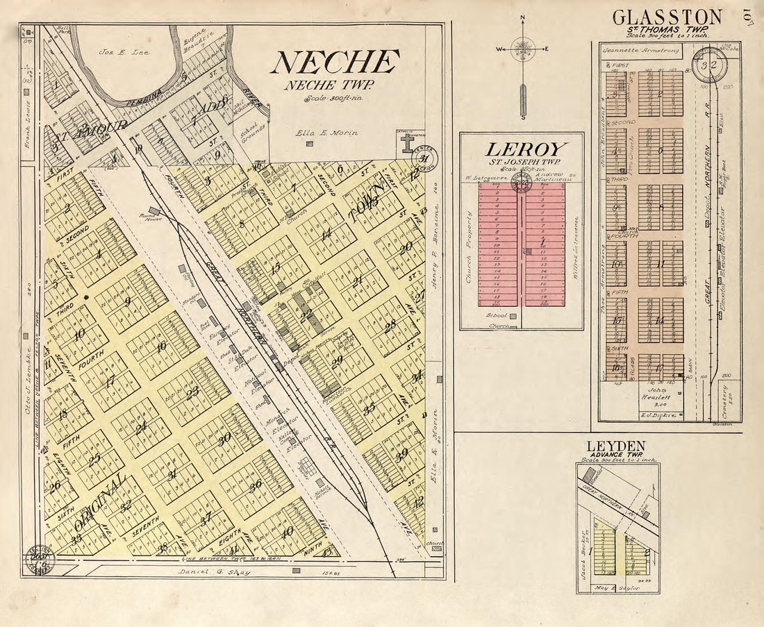 Neche, Neche Township; Leroy, St. Joseph Township; Glasston, St. Thomas Township; Leydon from Standard Atlas of Pembina County, North Dakota : Including a Plat Book of the Villages, Cities and Townships of the County, Map of the State, United States a... by Relic Map Company