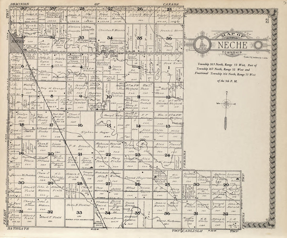 Map of Neche Township from Standard Atlas of Pembina County, North Dakota : Including a Plat Book of the Villages, Cities and Townships of the County, Map of the State, United States and World : Patrons Directory, … 1928 by Relic Map Company