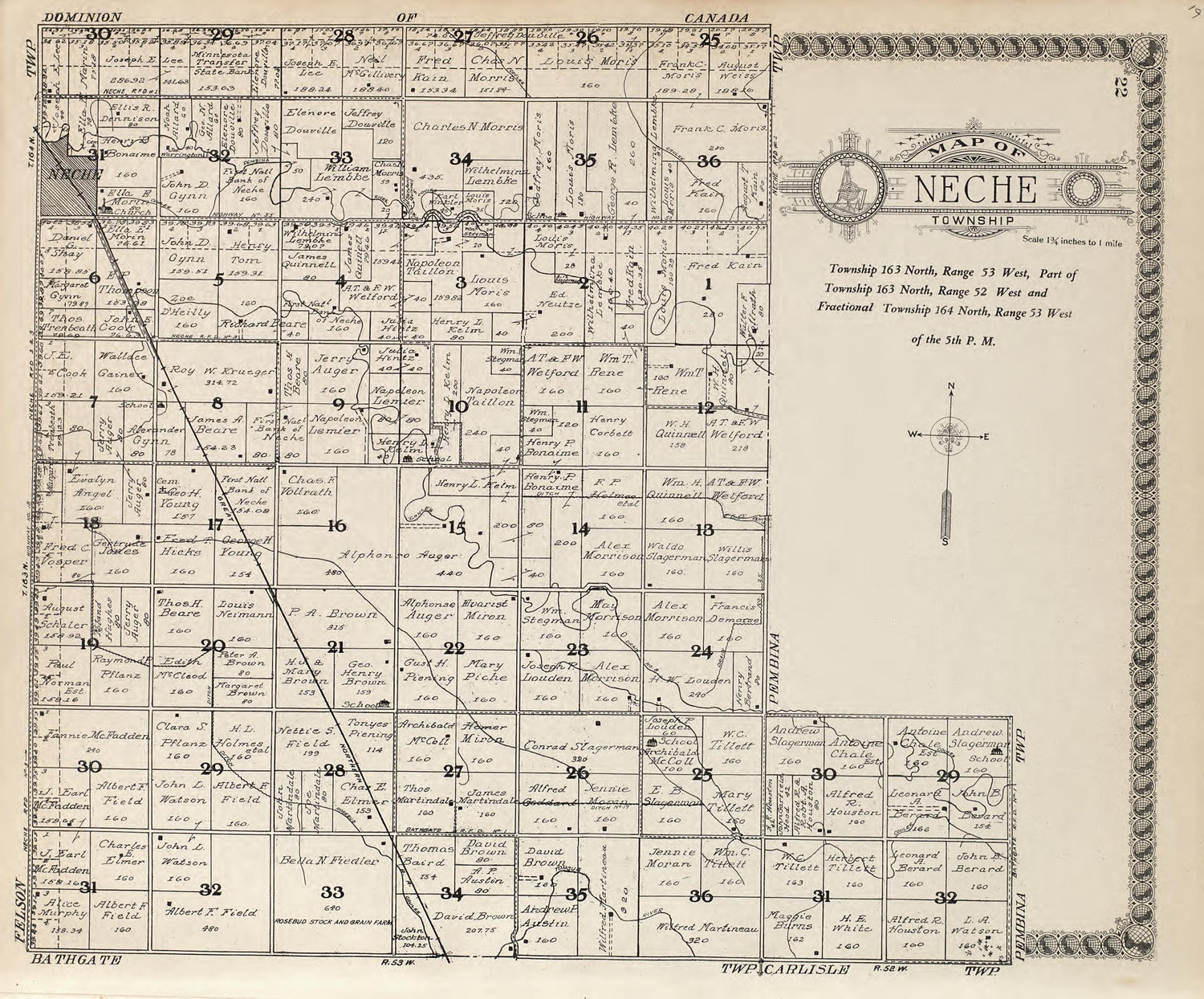Map of Neche Township from Standard Atlas of Pembina County, North Dakota : Including a Plat Book of the Villages, Cities and Townships of the County, Map of the State, United States and World : Patrons Directory, … 1928 by Relic Map Company